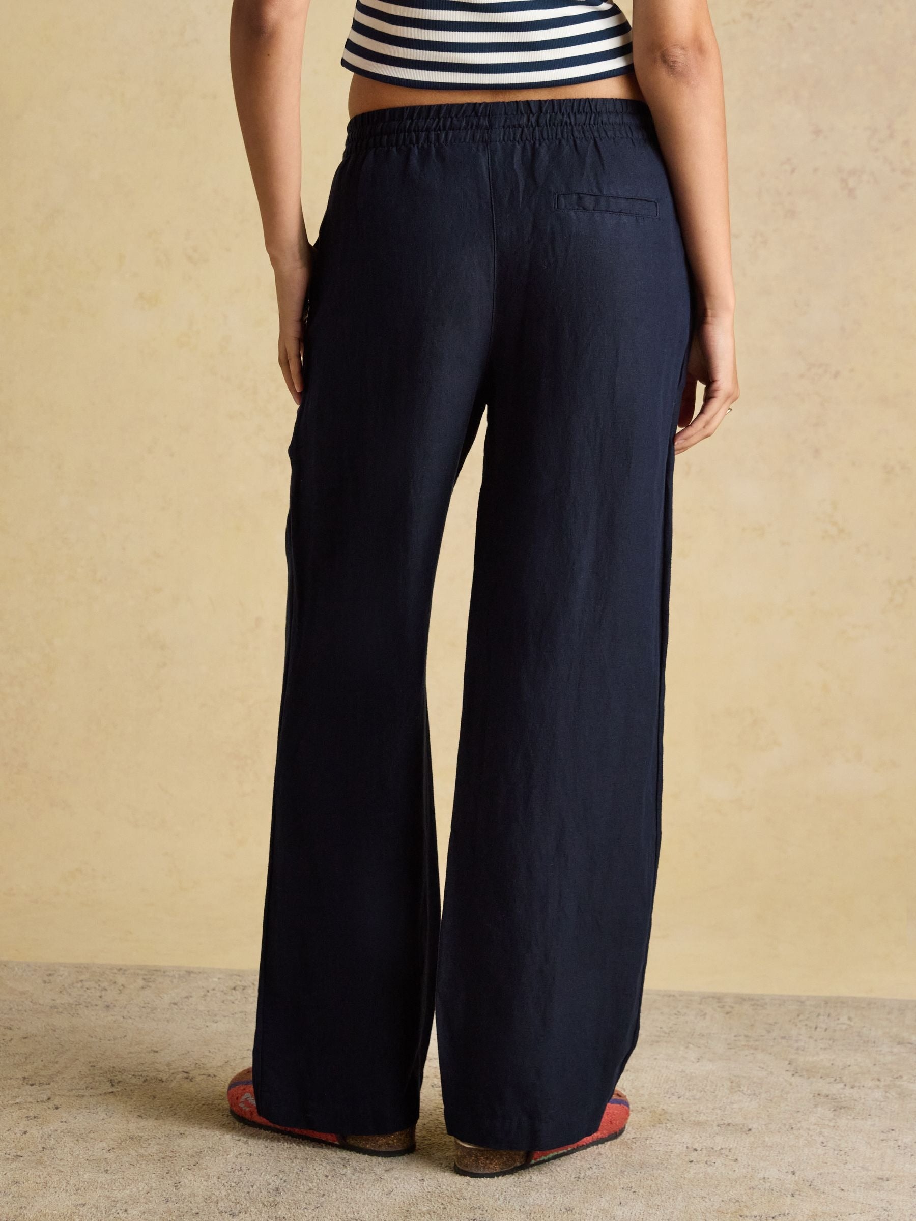 Navy Relaxed Wide Leg Trousers with Linen