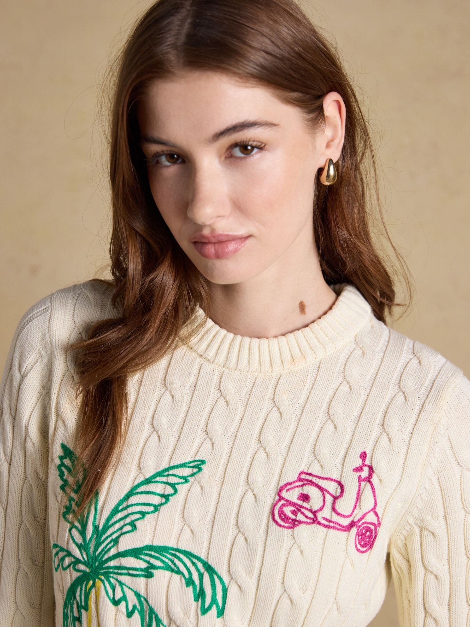 Cream Embroidered Classic Crew Neck Cotton Cable Knit Jumper