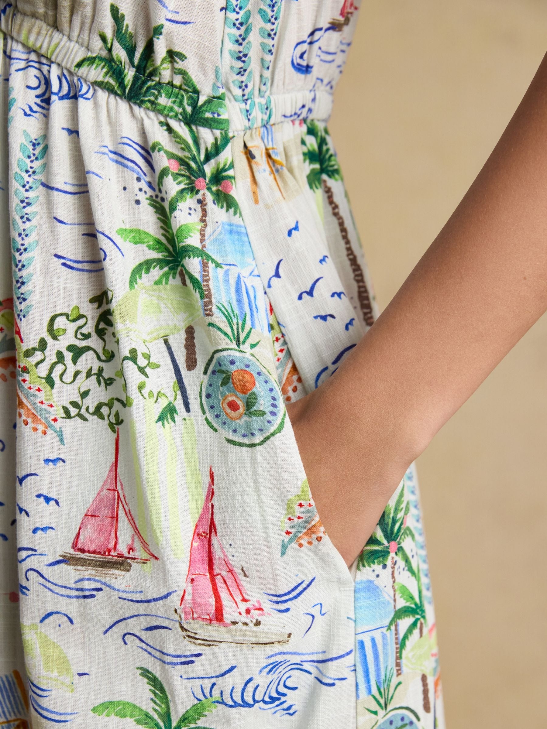 Winnie Coastal Scene Print Frill Shoulder Maxi Dress