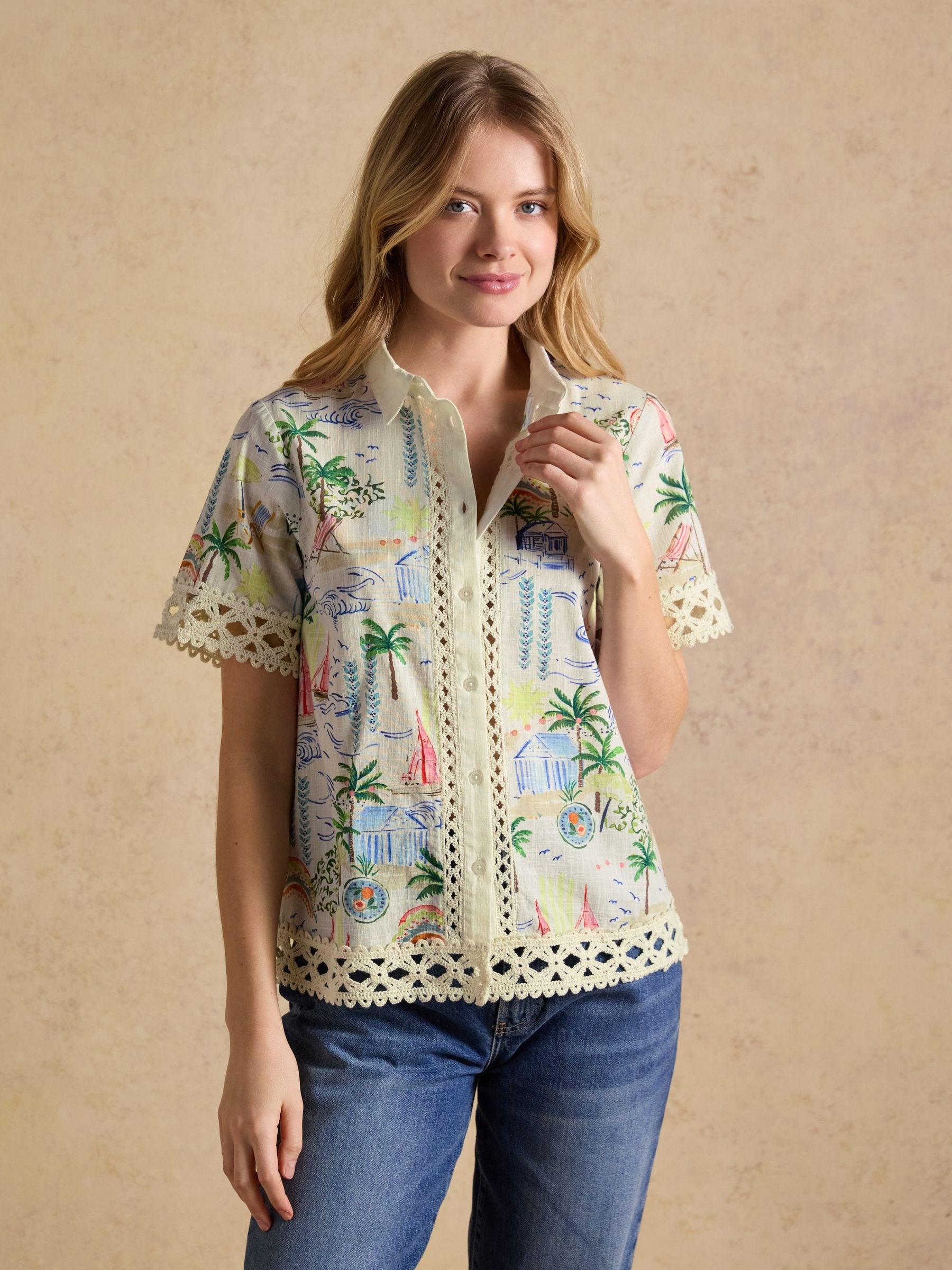 Isobel Coastal Scene Print Crochet Trim Shirt