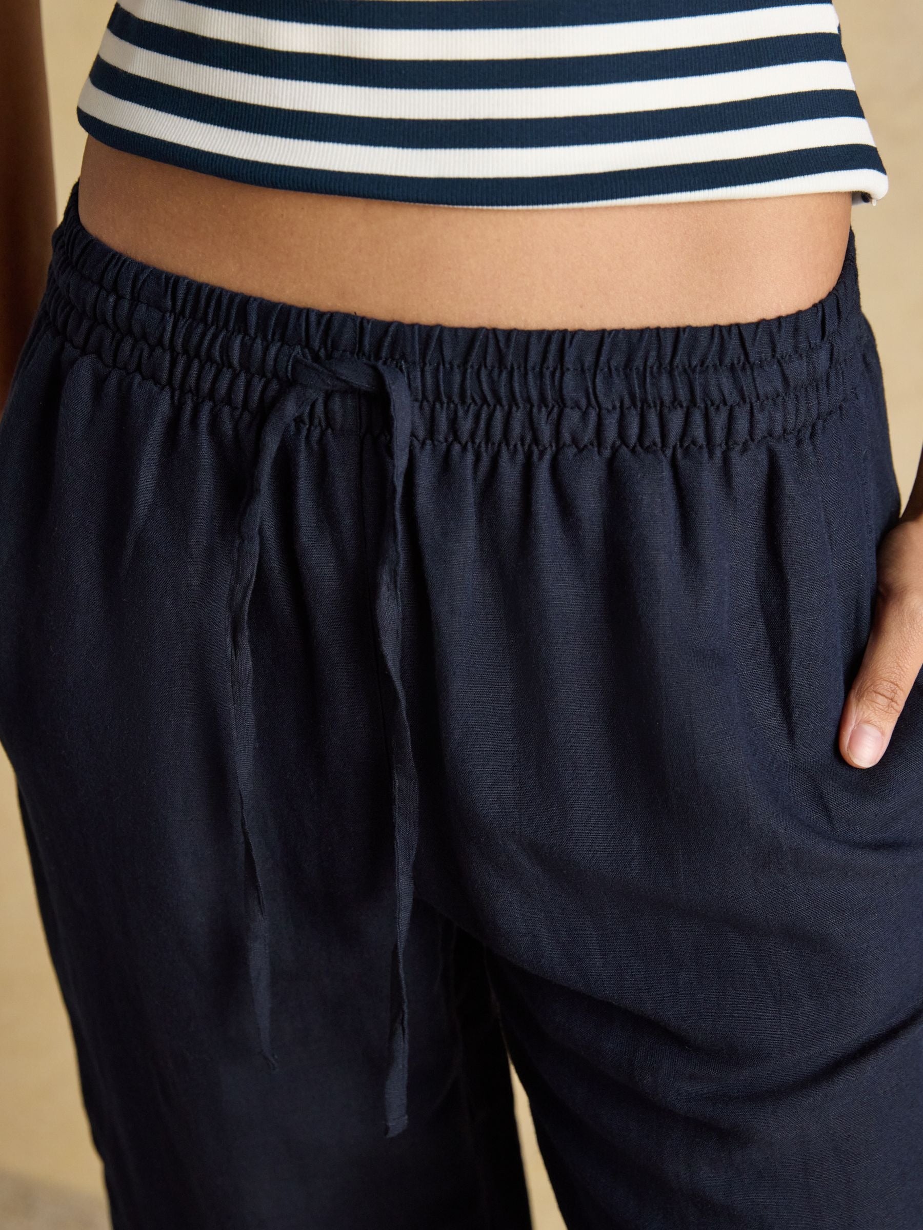 Navy Relaxed Wide Leg Trousers with Linen