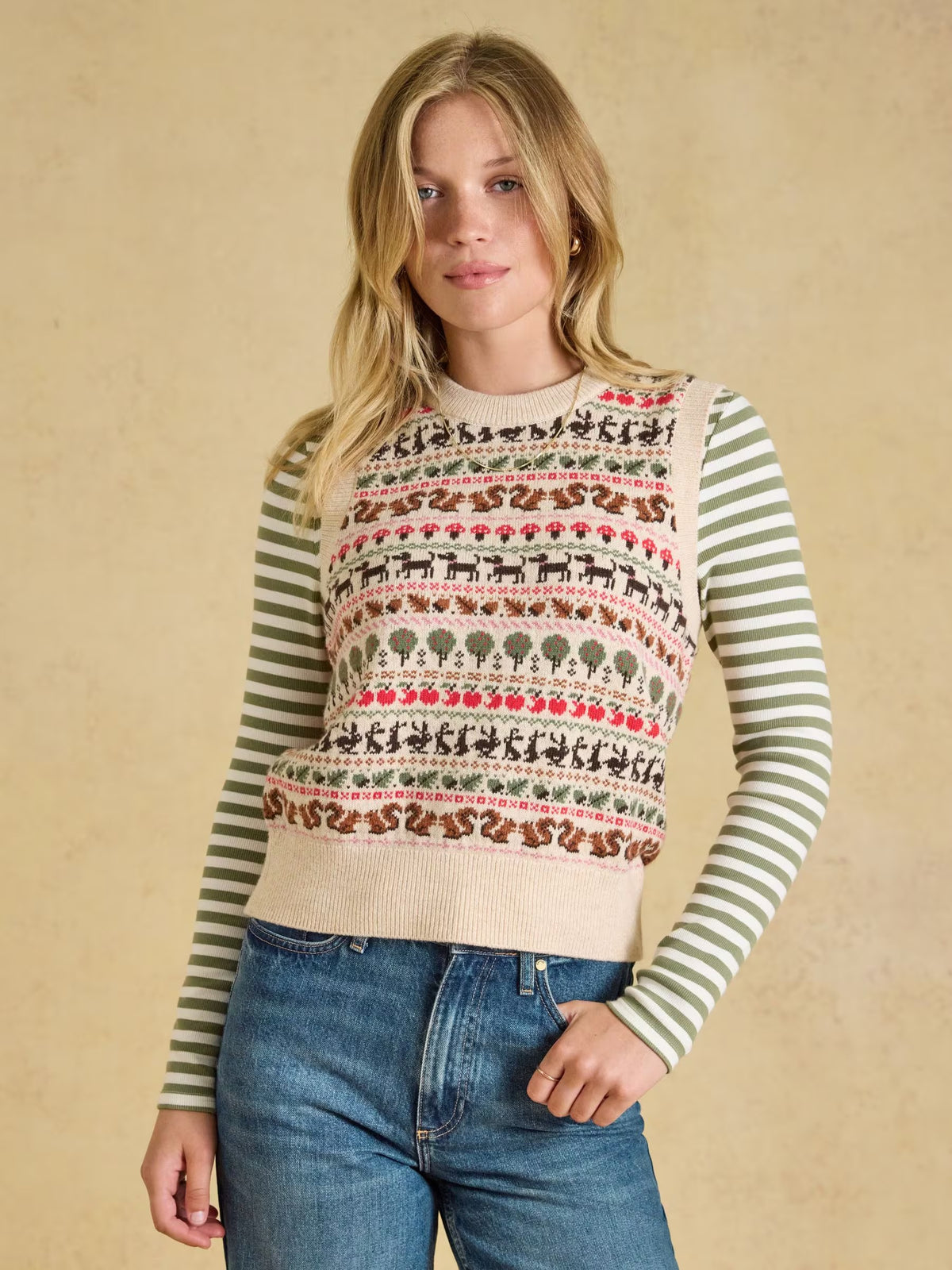 Orchard Pattern Oatmeal Cotton Blend Crew Neck Knitted Vest