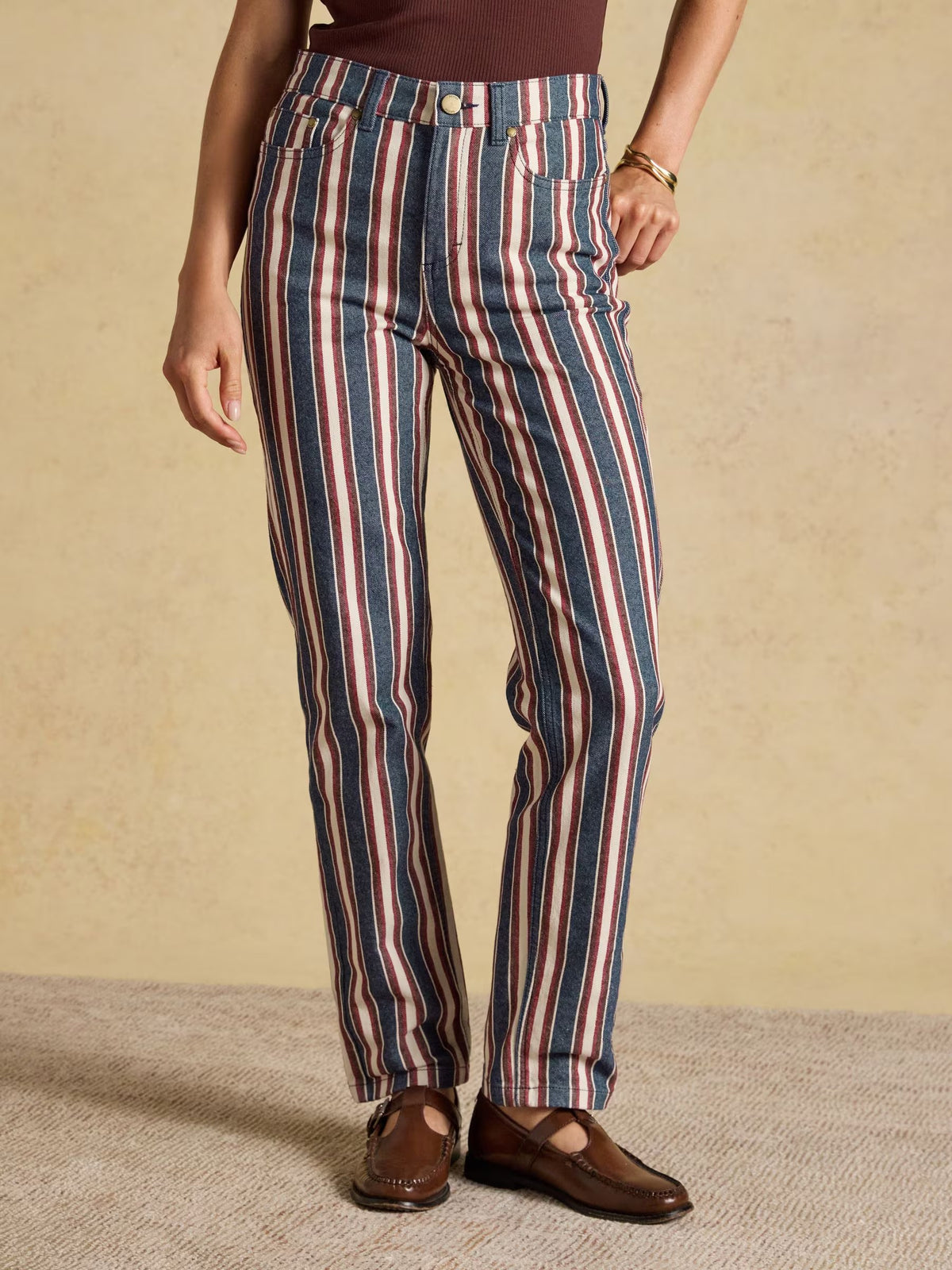 Navy Verigated Stripe Slim Straight Mid Rise Jeans