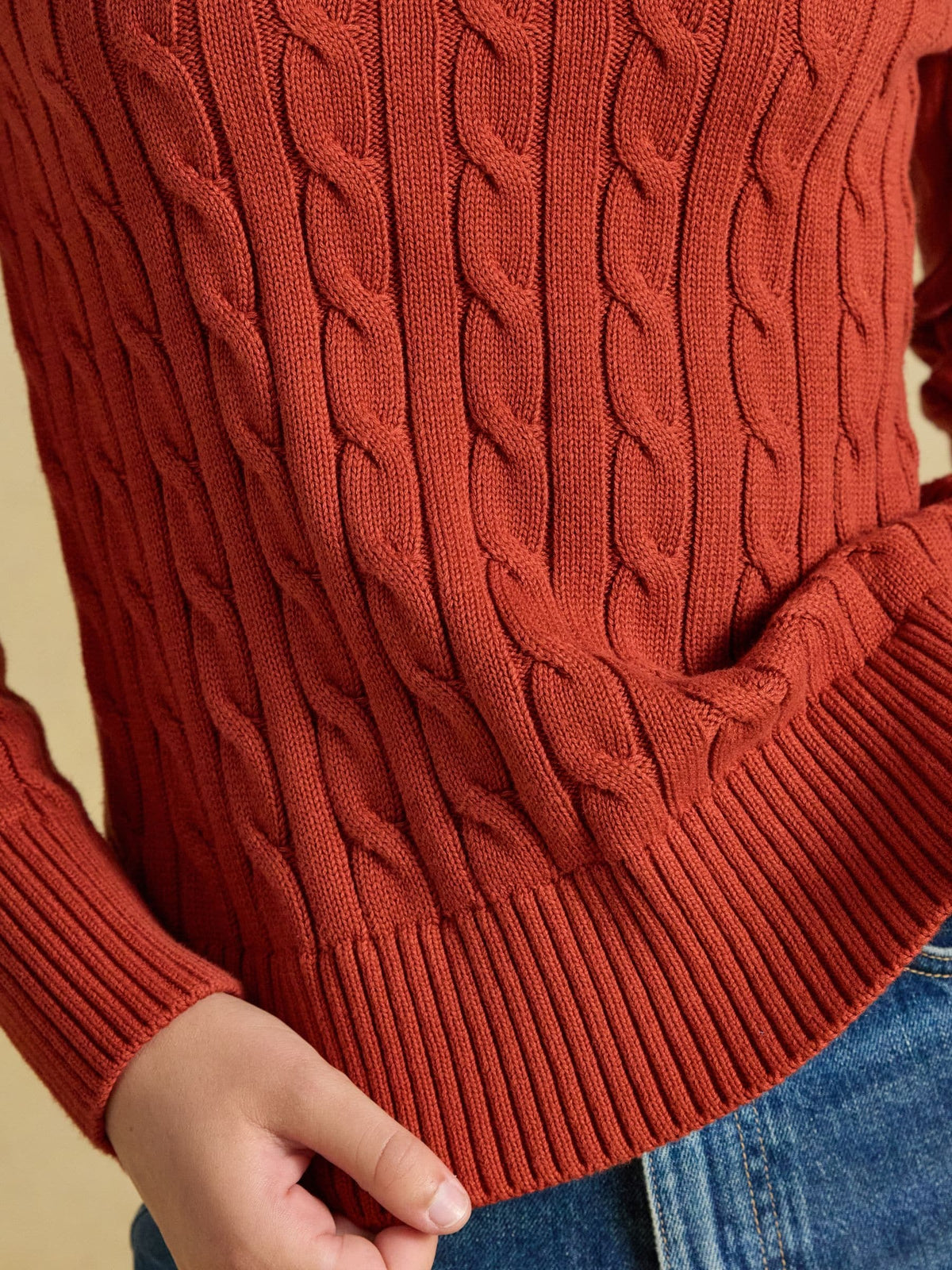 Burnt Orange Classic Crew Neck Cotton Cable Knit Jumper