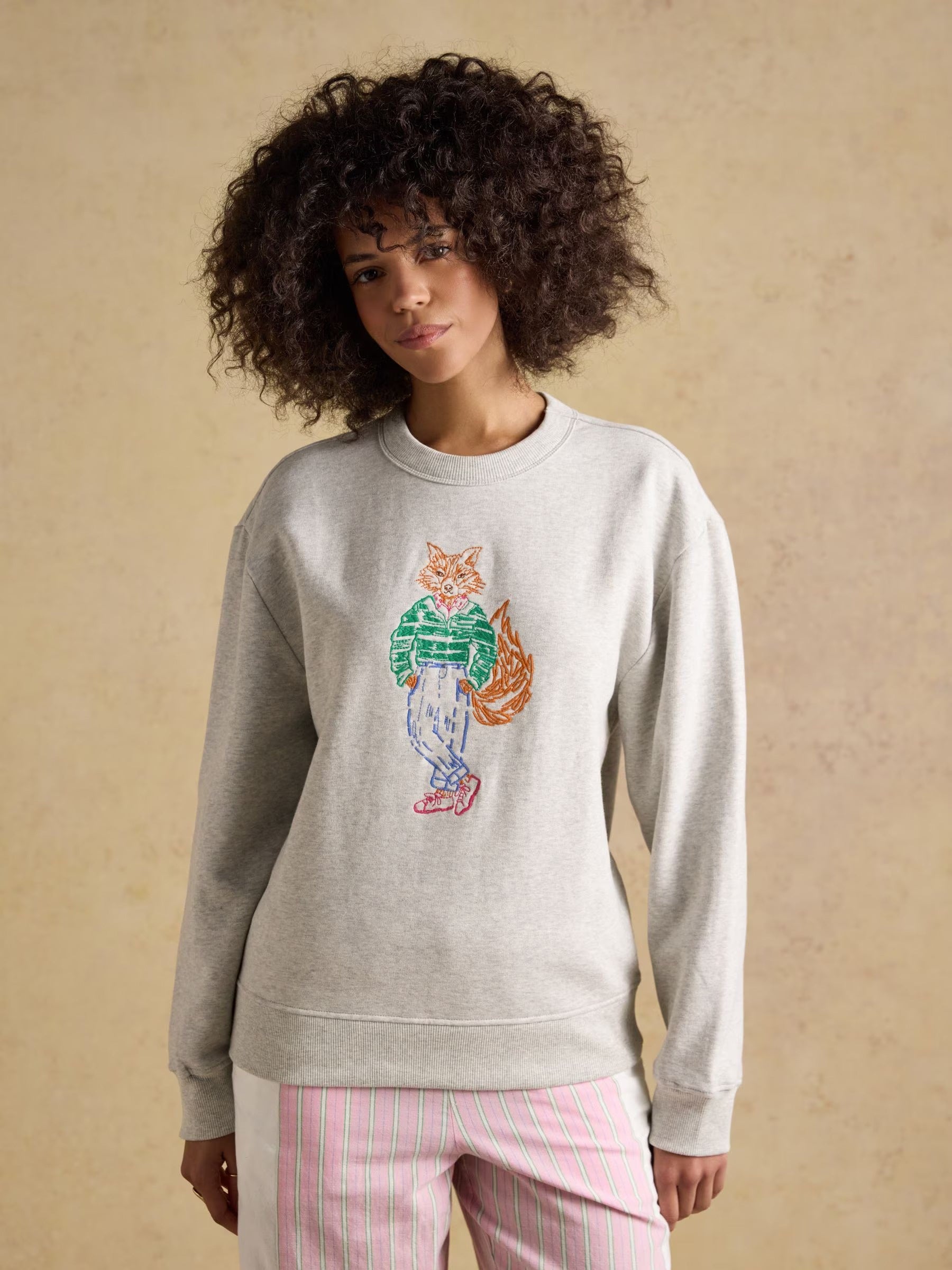 Grey Marl Jonty Fox Embroidered Cotton Crew Neck Sweatshirt