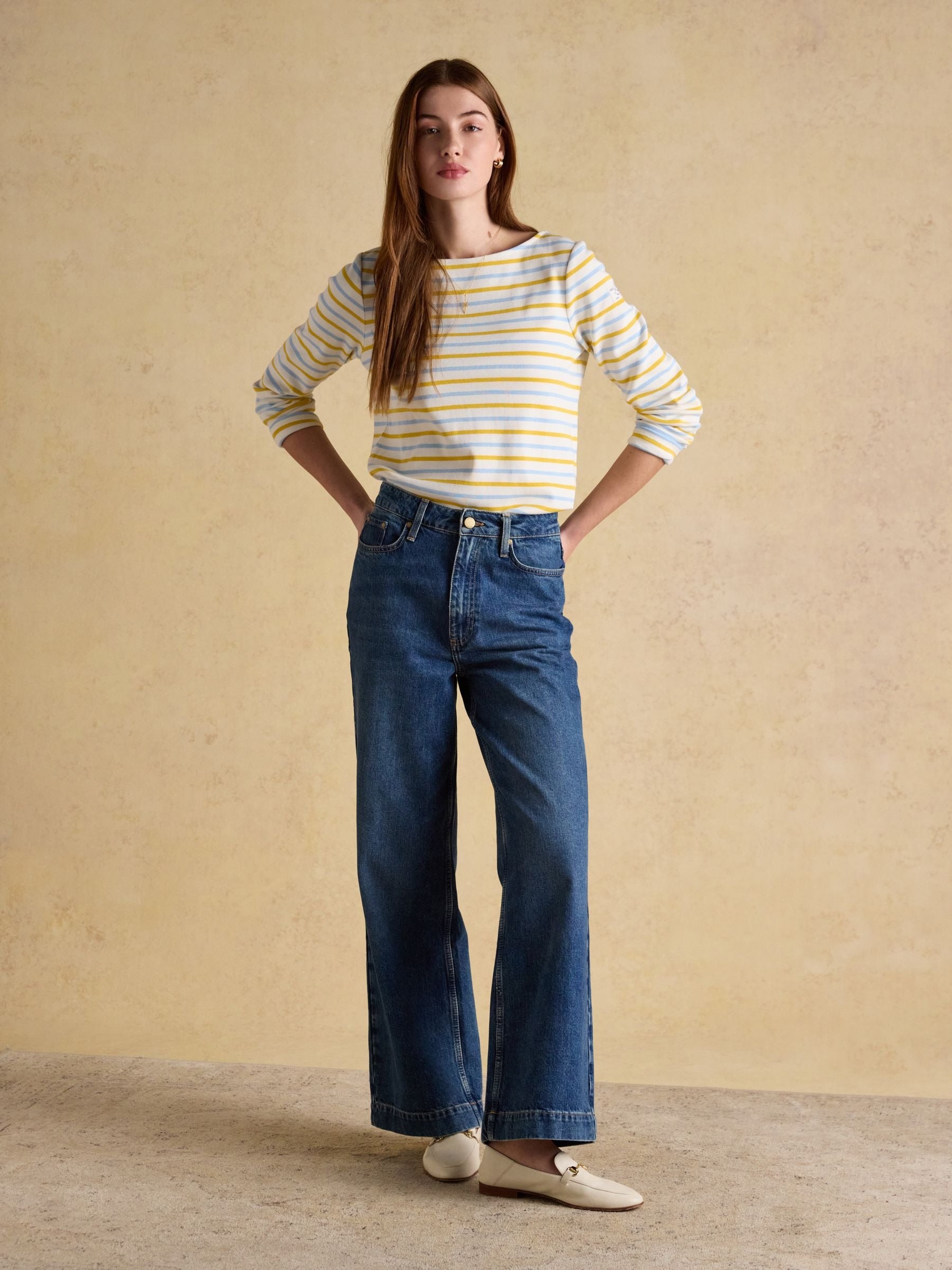 Harbour Blue & Yellow Long Sleeve Striped Boat Neck Long Sleeve Breton Top