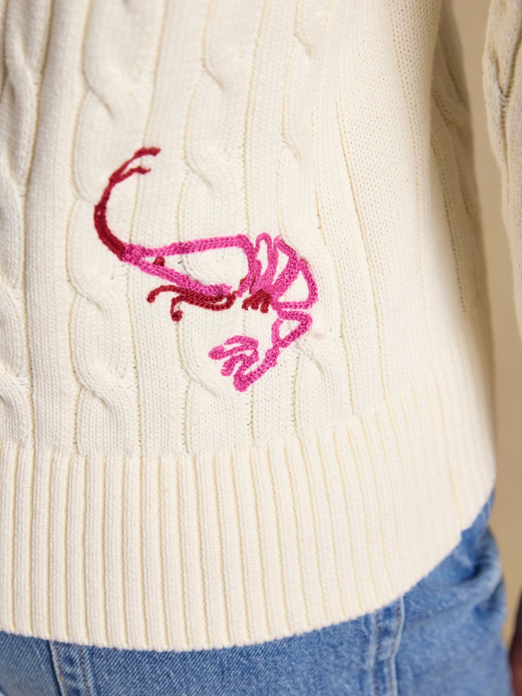 Cream Embroidered Classic Crew Neck Cotton Cable Knit Jumper