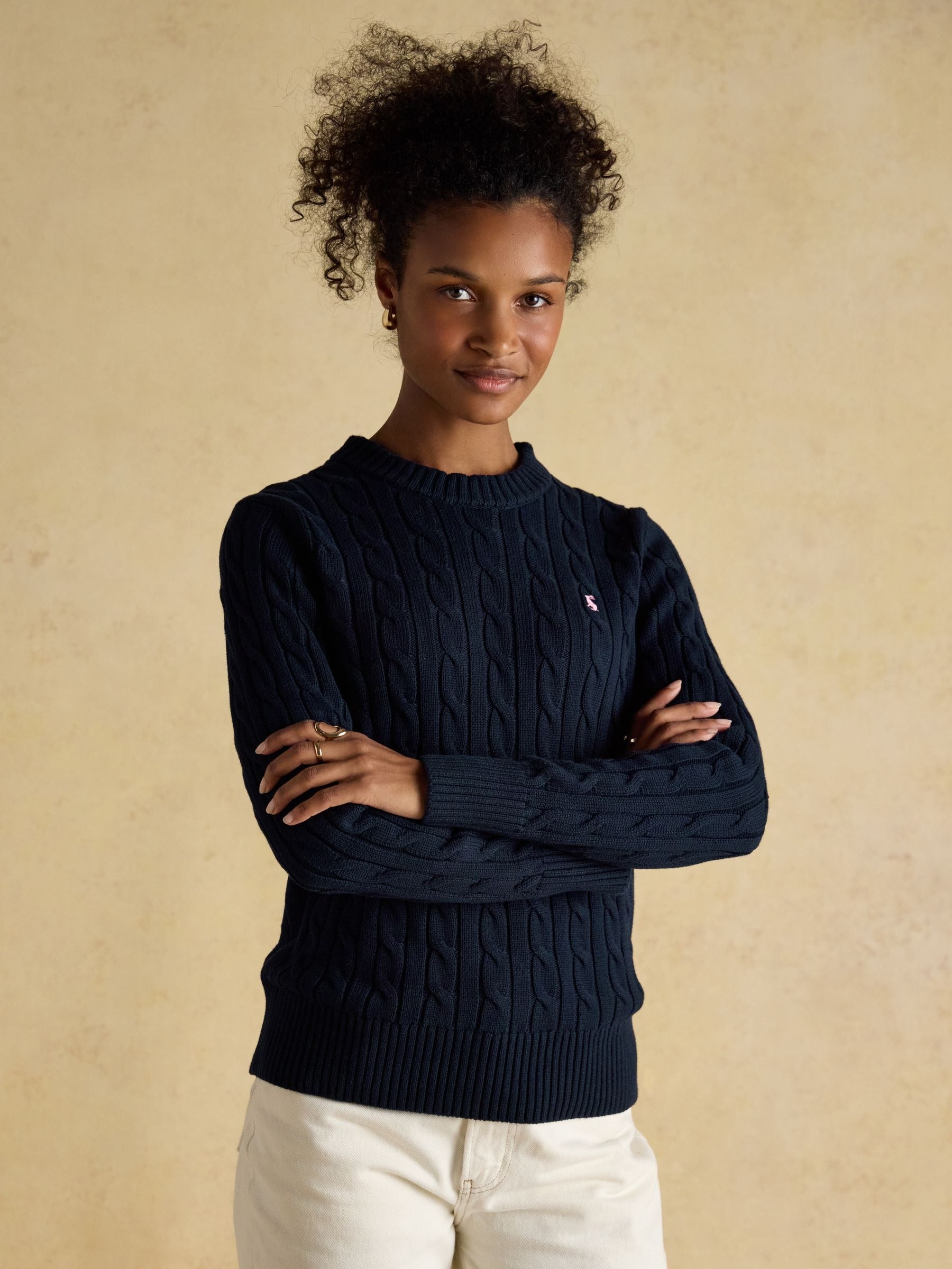 Navy Classic Crew Neck Cotton Cable Knit Jumper