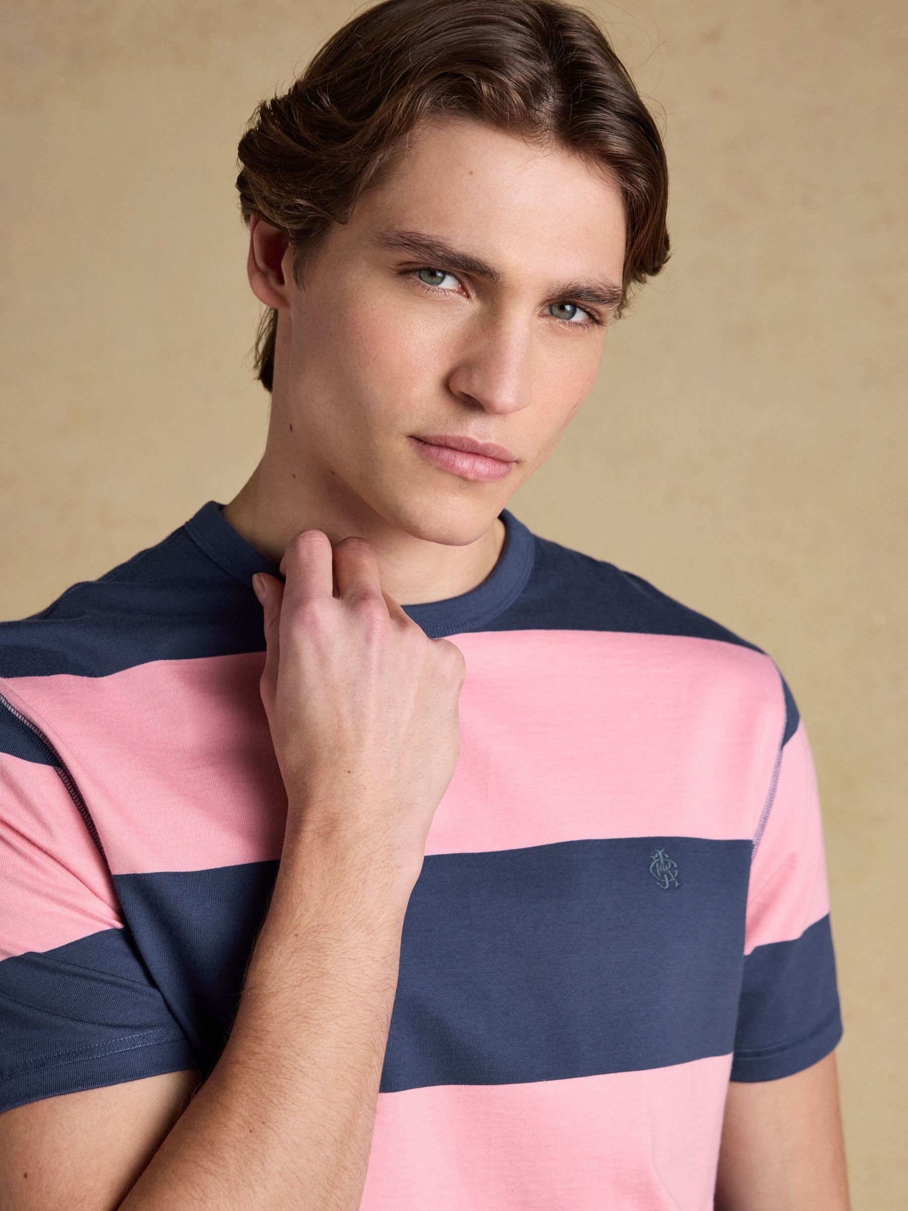 Rugby Club Pink & Blue Striped Crew Neck Cotton T-Shirt