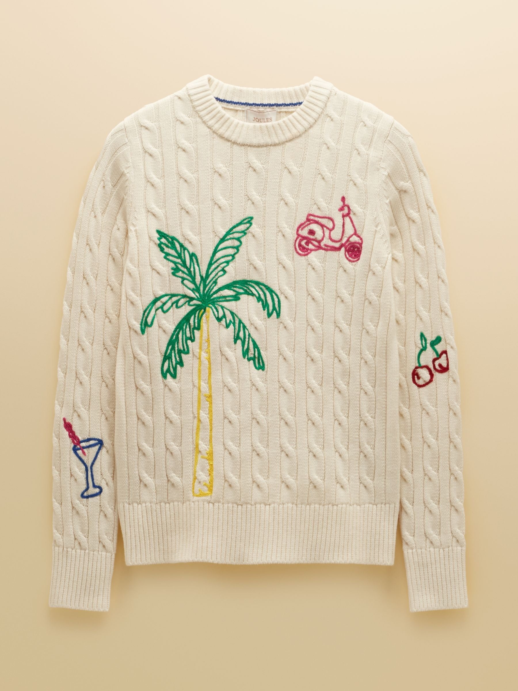 Cream Embroidered Classic Crew Neck Cotton Cable Knit Jumper