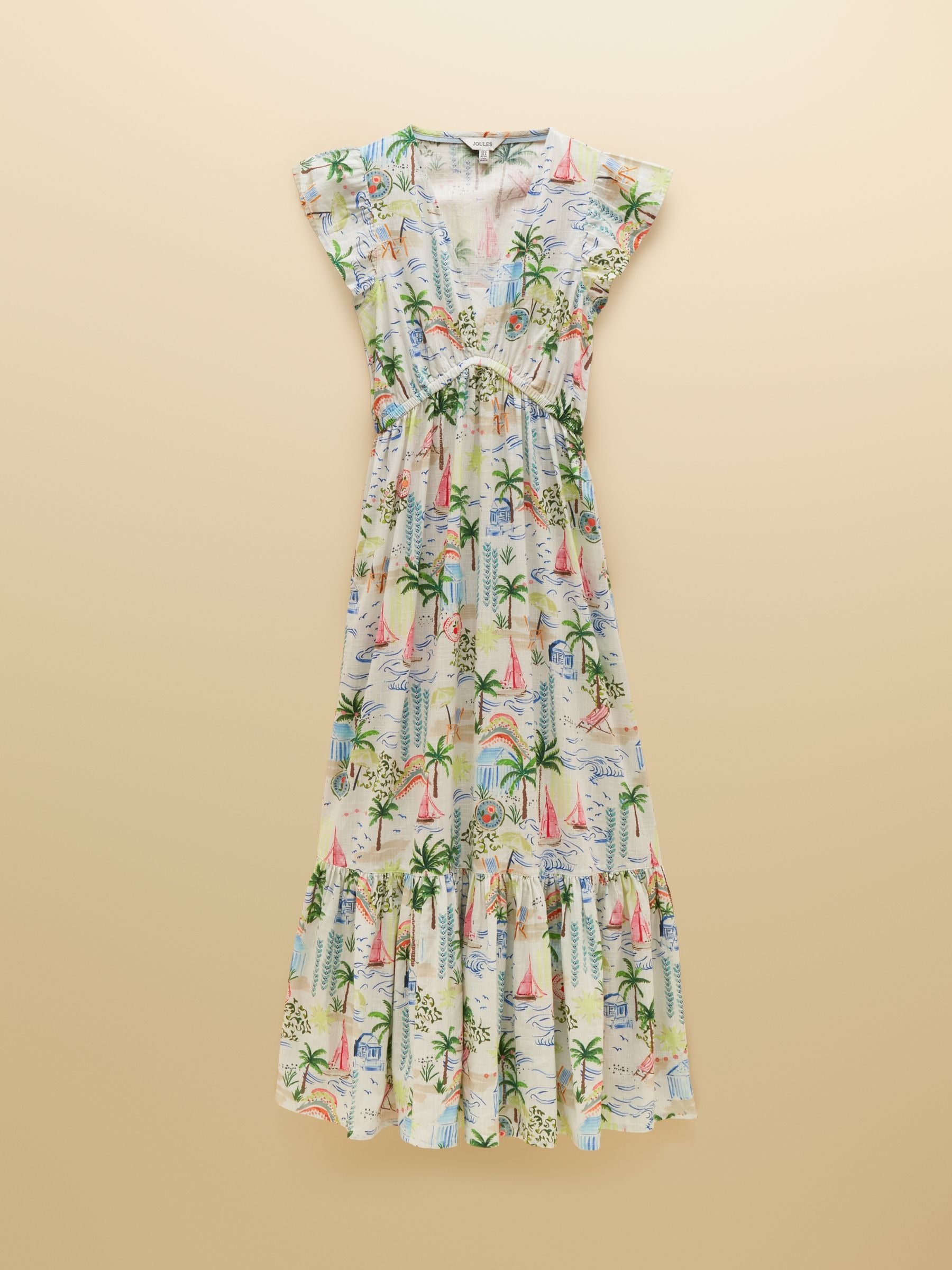 Winnie Coastal Scene Print Frill Shoulder Maxi Dress