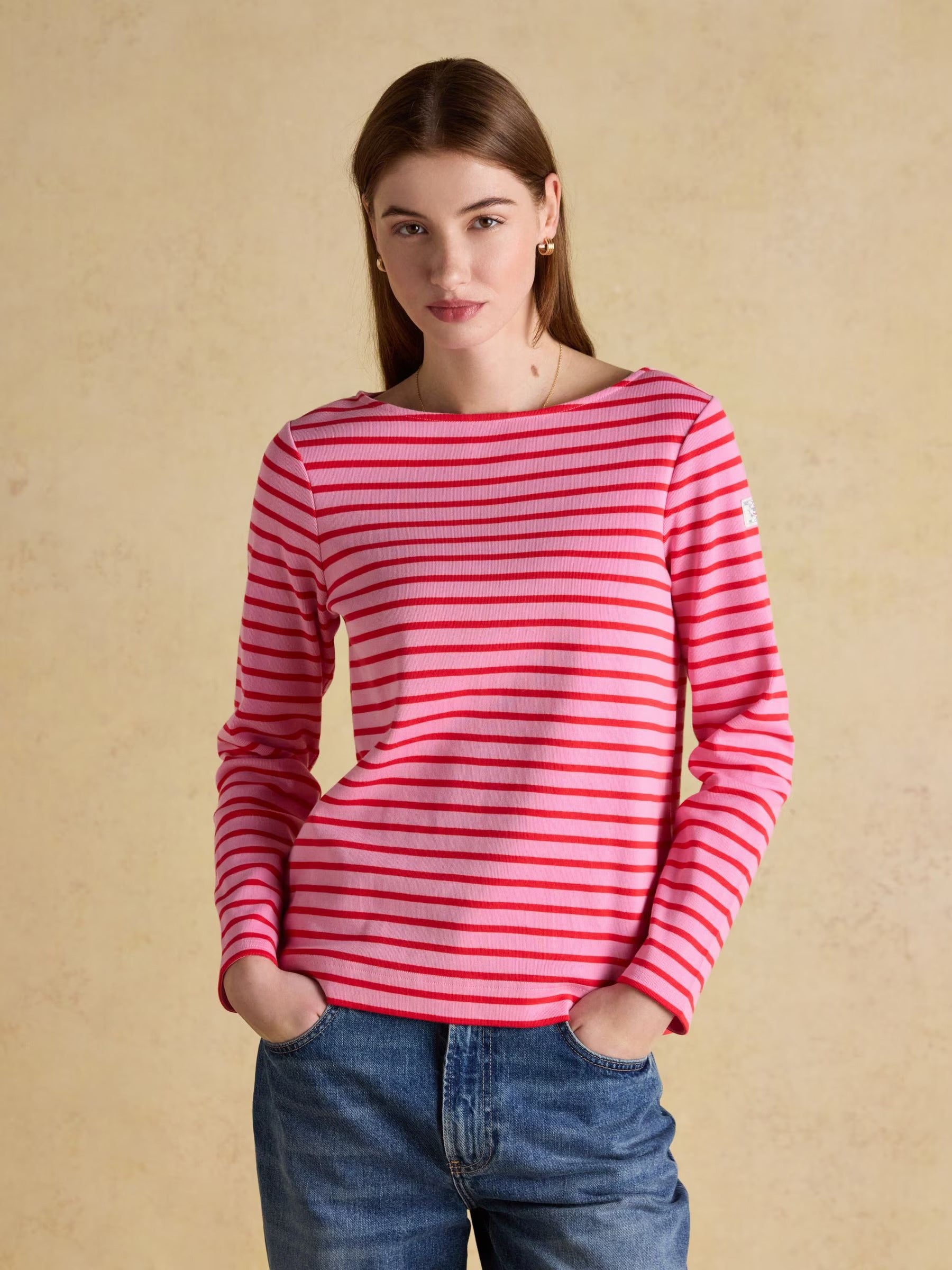 Harbour Pink & Red Long Sleeve Striped Boat Neck Long Sleeve Breton Top