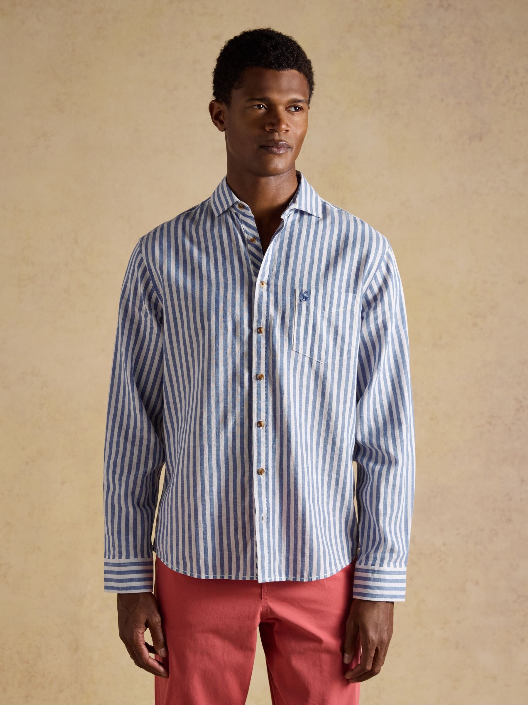 Blue & White Striped Linen Blend Long Sleeve Shirt