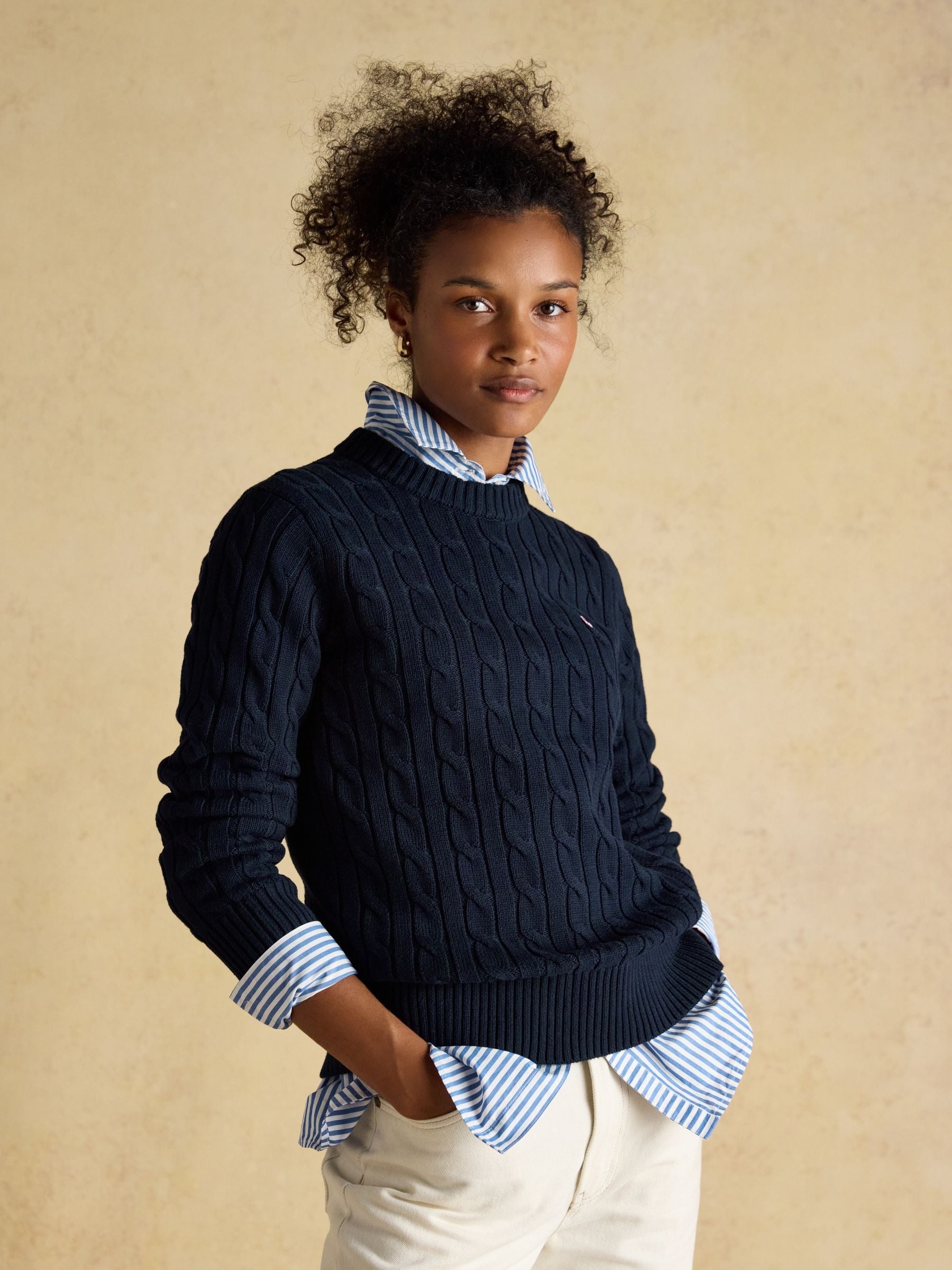 Navy Classic Crew Neck Cotton Cable Knit Jumper