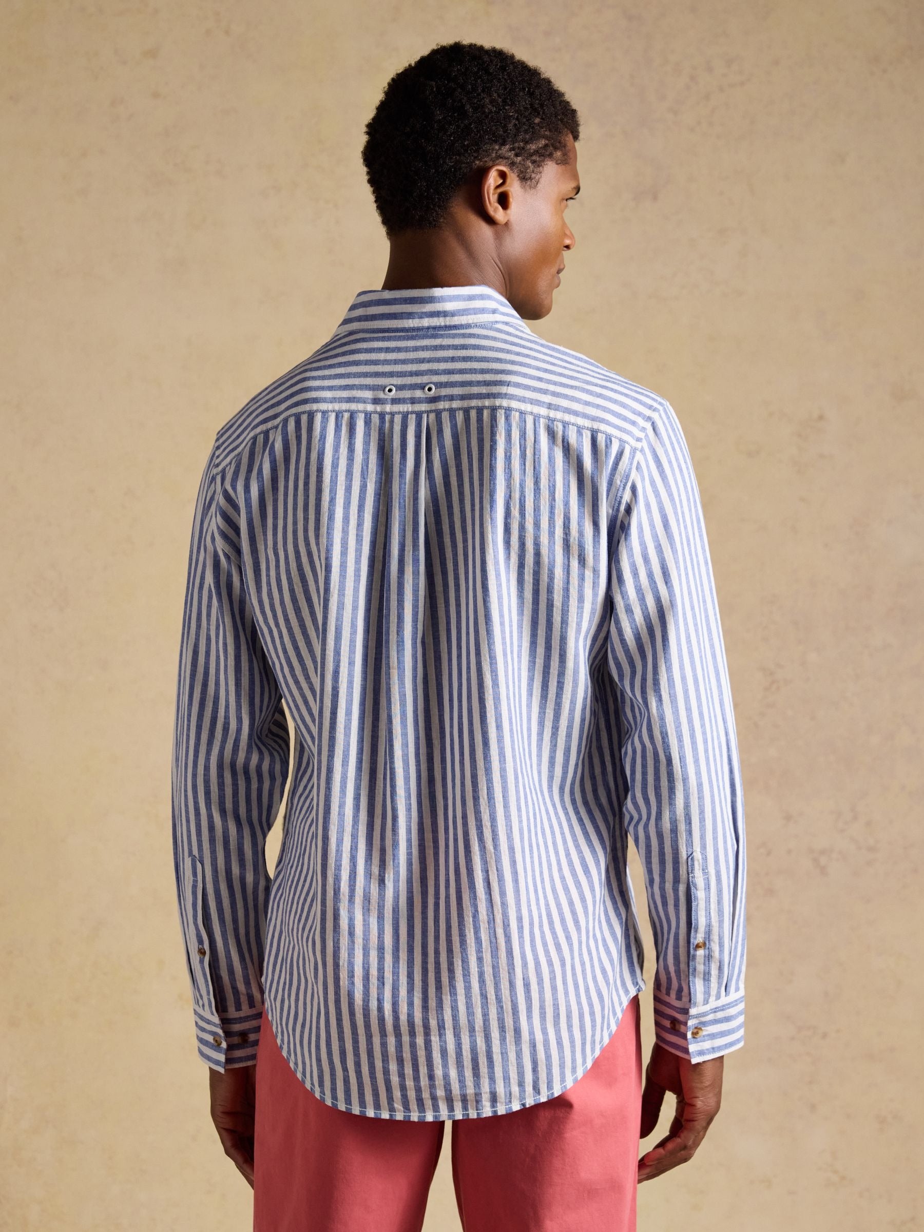 Blue & White Striped Linen Blend Long Sleeve Shirt