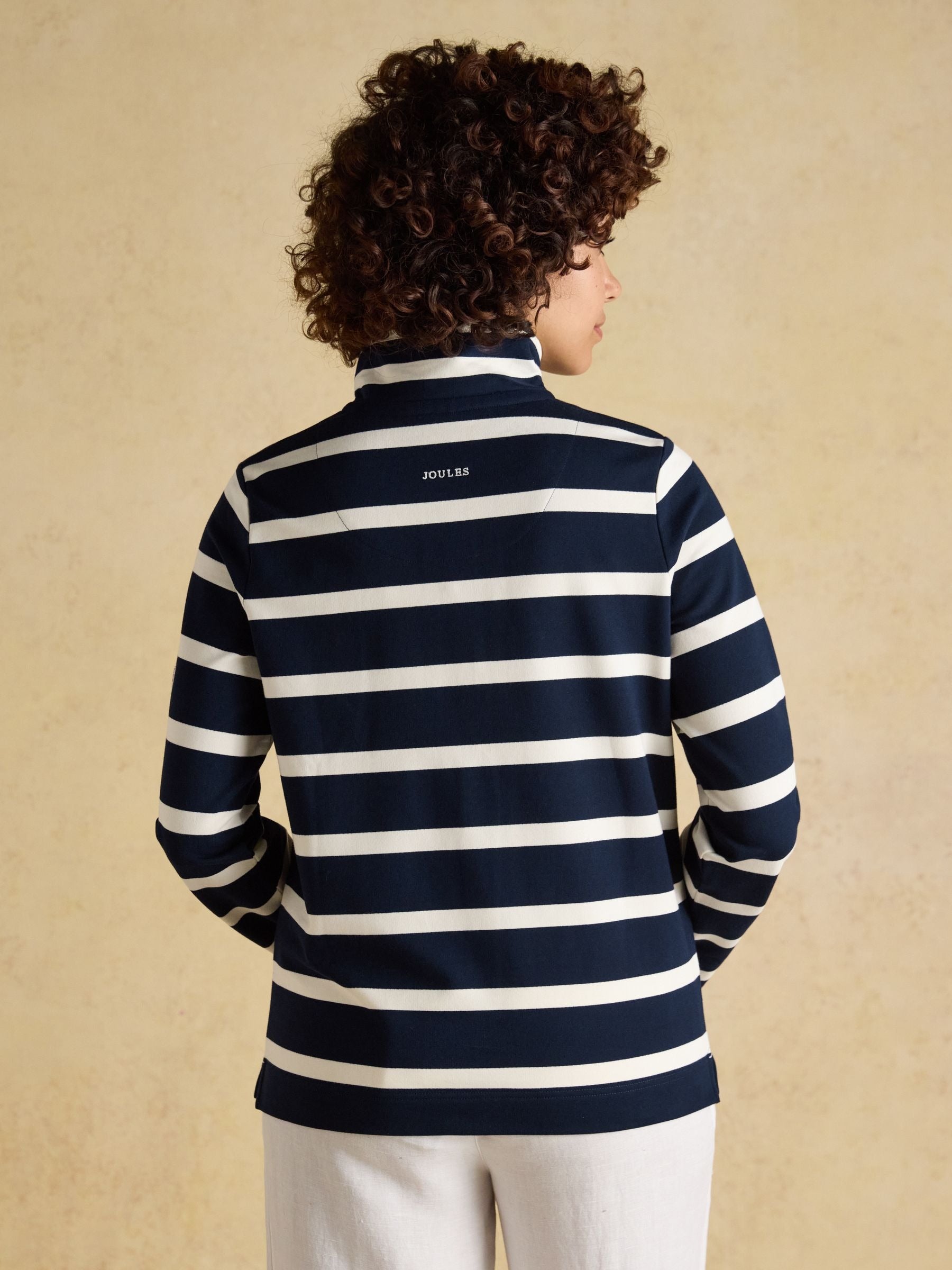 Saunton Navy & Cream Striped Cotton Blend Sweatshirt with Buttoned Funnel Neck