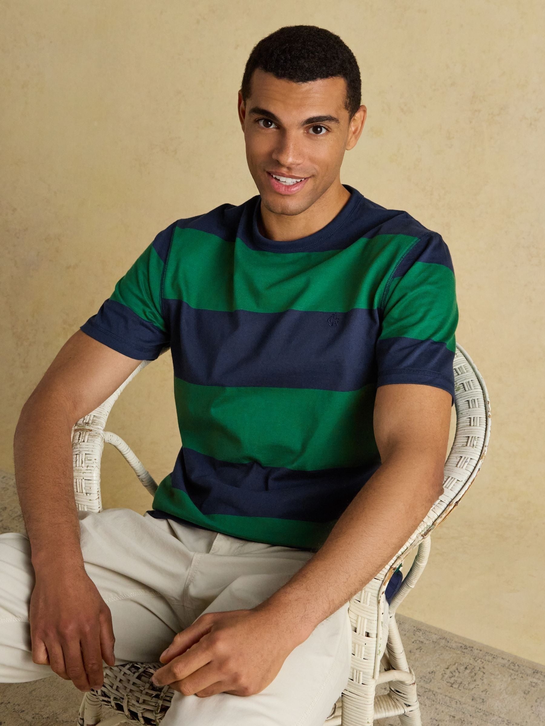 Rugby Club Green & Navy Striped Crew Neck Cotton T-Shirt