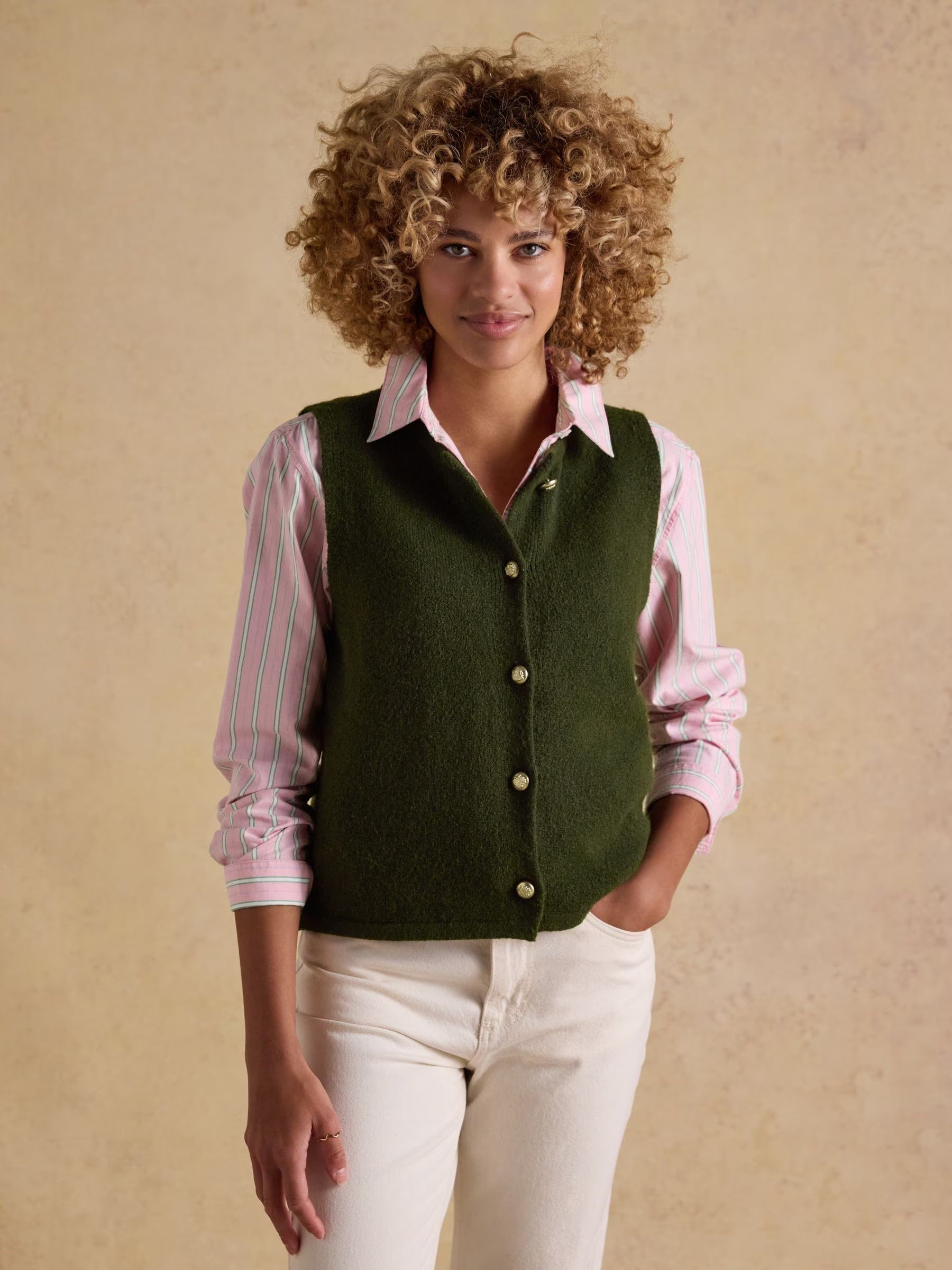 Holly Khaki Green Button Through Knitted Vest