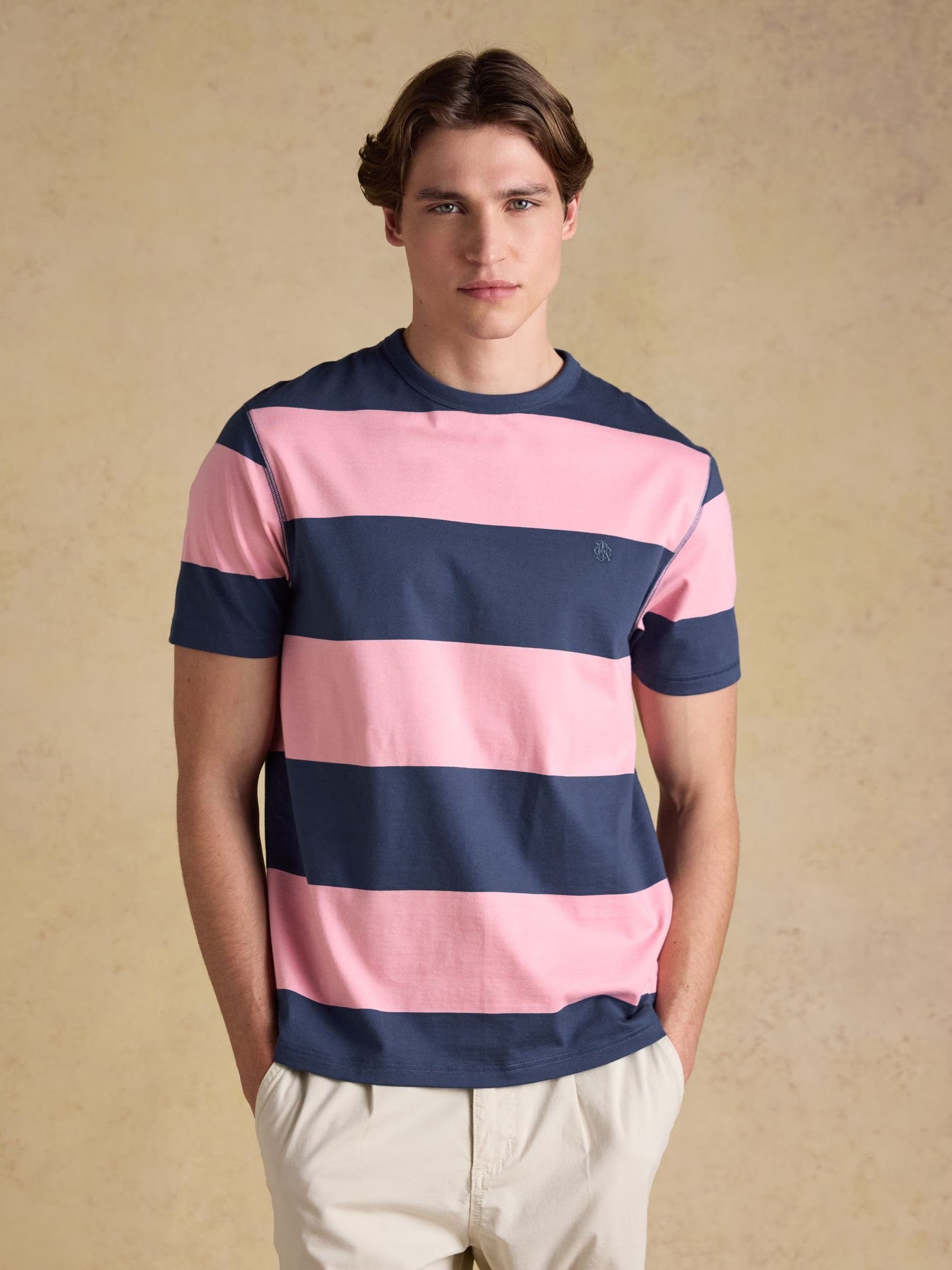 Rugby Club Pink & Blue Striped Crew Neck Cotton T-Shirt