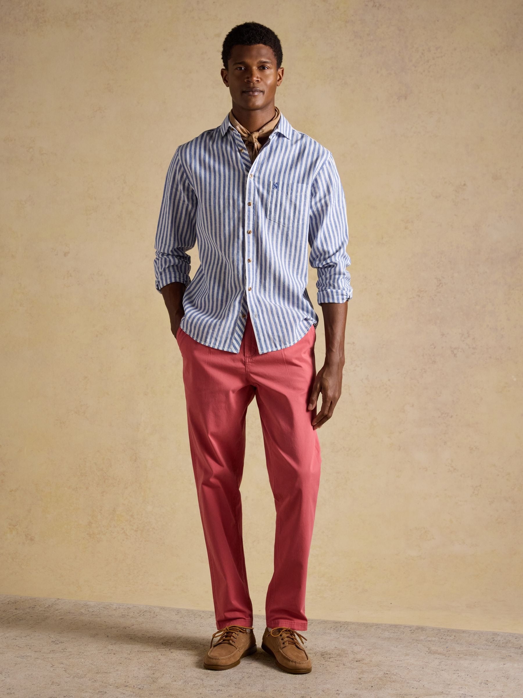 Blue & White Striped Linen Blend Long Sleeve Shirt