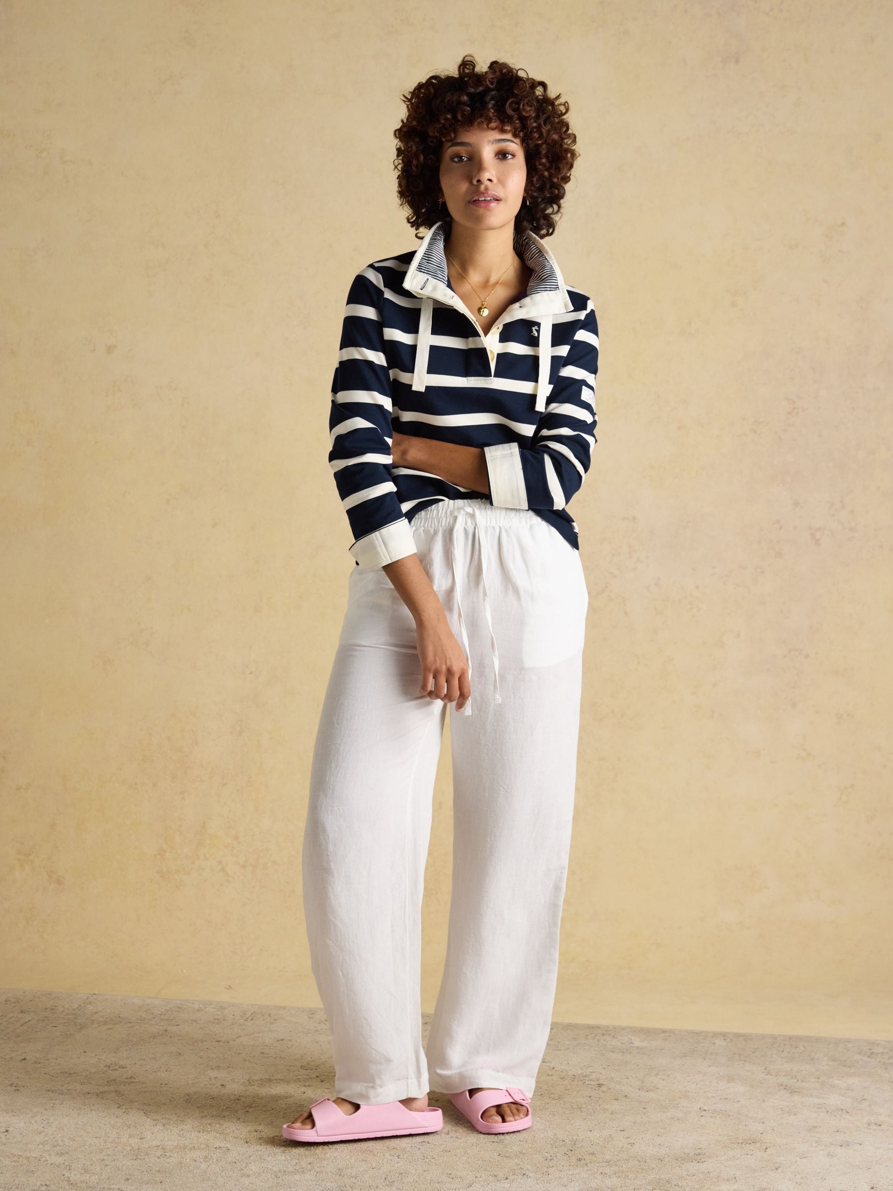 Saunton Navy & Cream Striped Cotton Blend Sweatshirt with Buttoned Funnel Neck