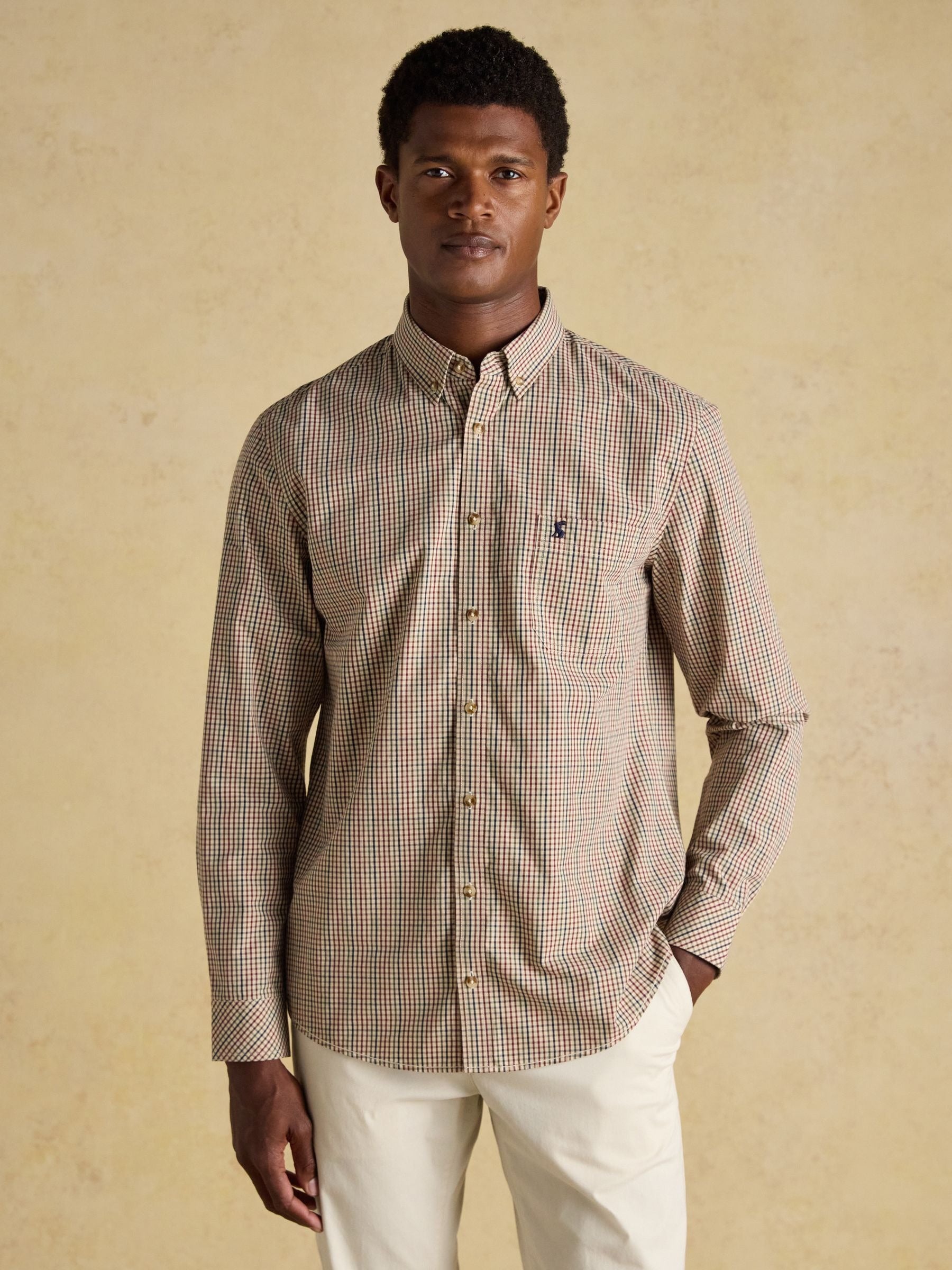 Cotton Poplin Brown Long Sleeve Gingham Shirt