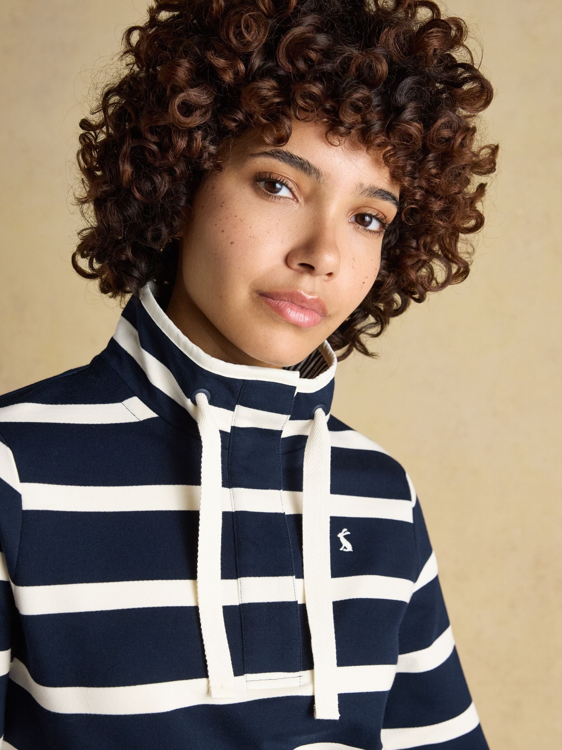 Saunton Navy & Cream Striped Cotton Blend Sweatshirt with Buttoned Funnel Neck