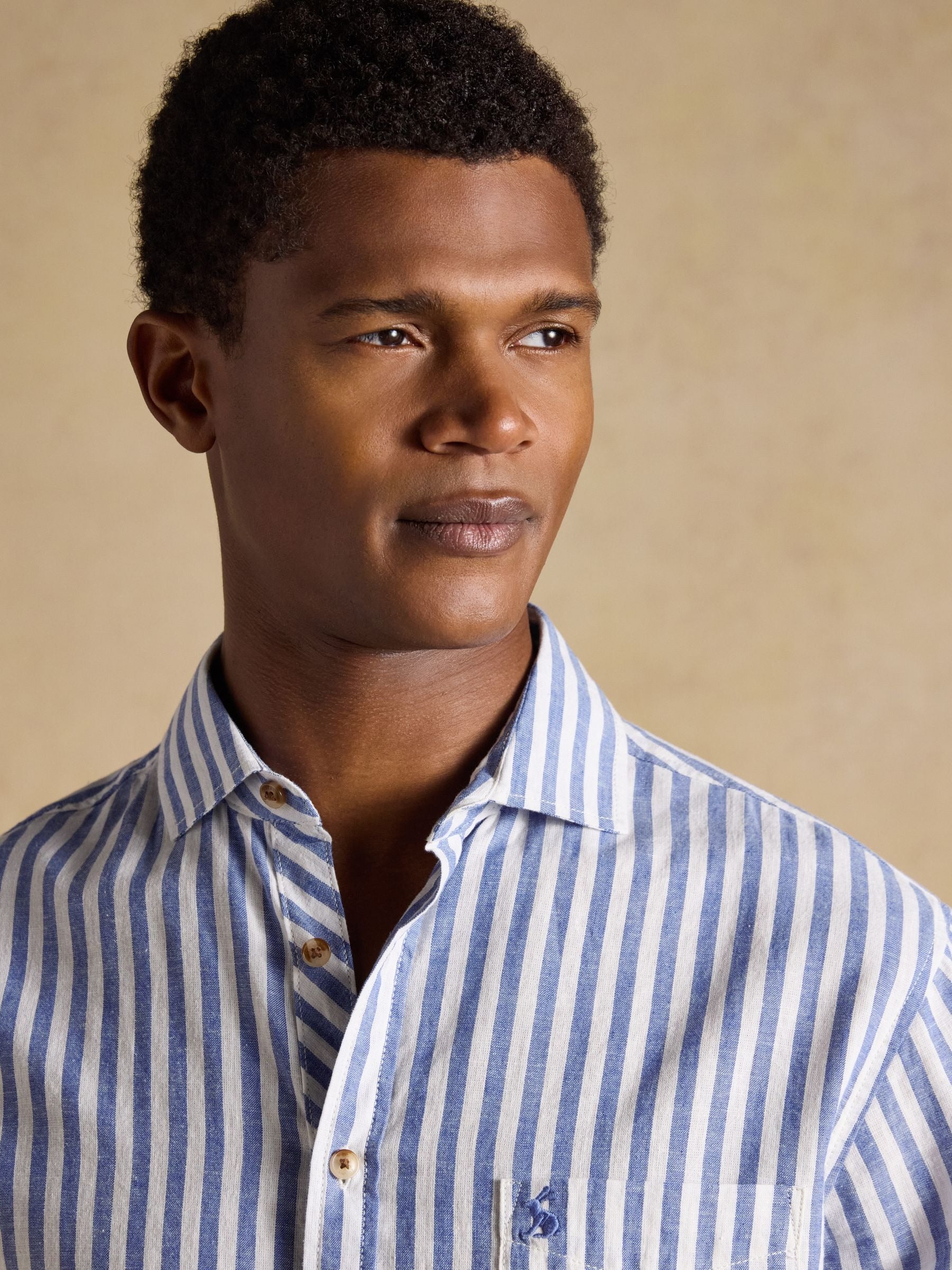 Blue & White Striped Linen Blend Long Sleeve Shirt