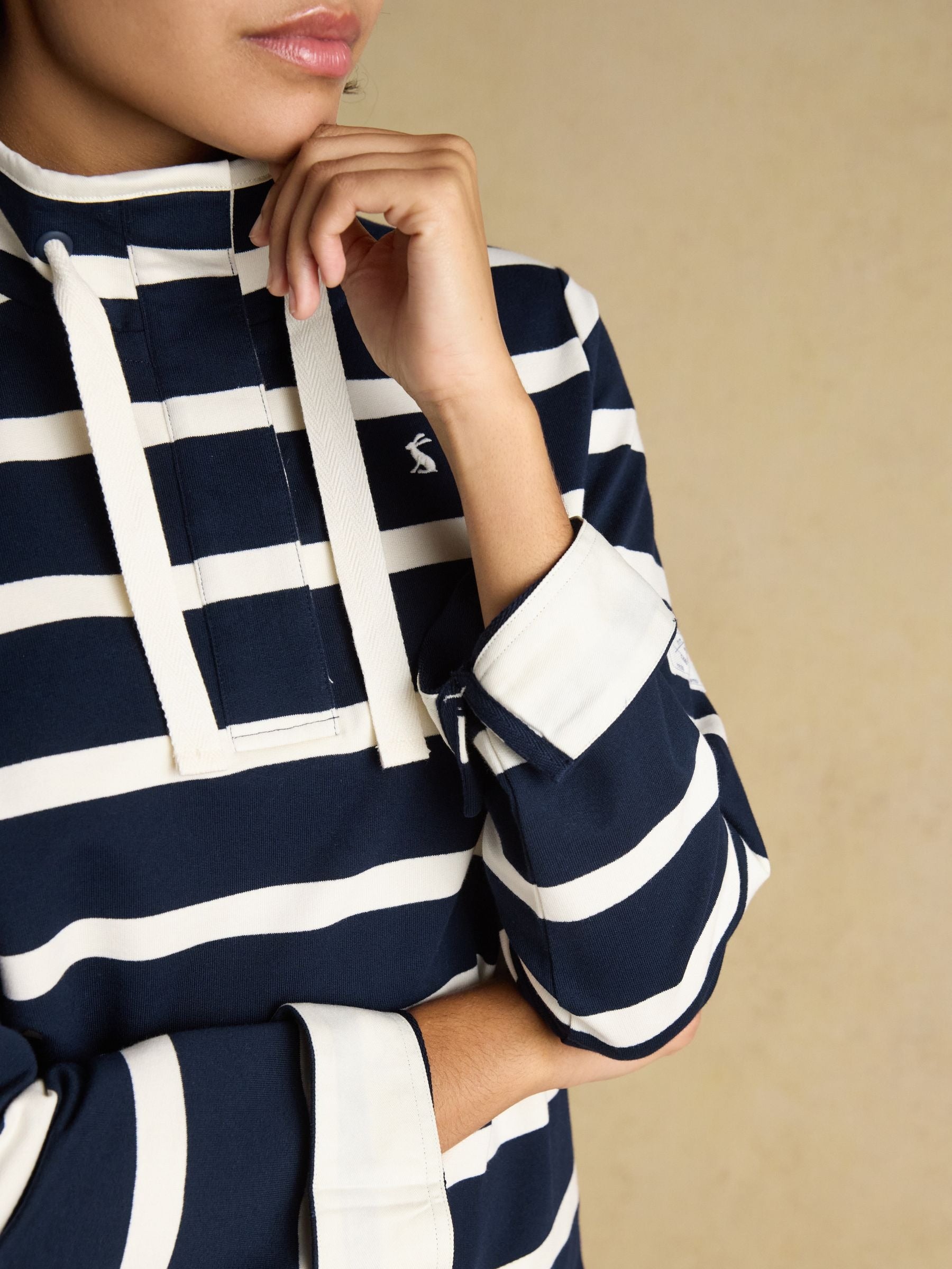 Saunton Navy & Cream Striped Cotton Blend Sweatshirt with Buttoned Funnel Neck