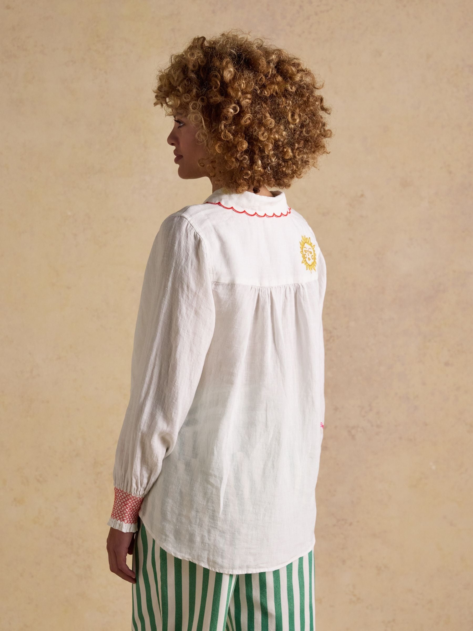 Orla White Embroidered Icons Pure Linen Long Sleeve Shirt