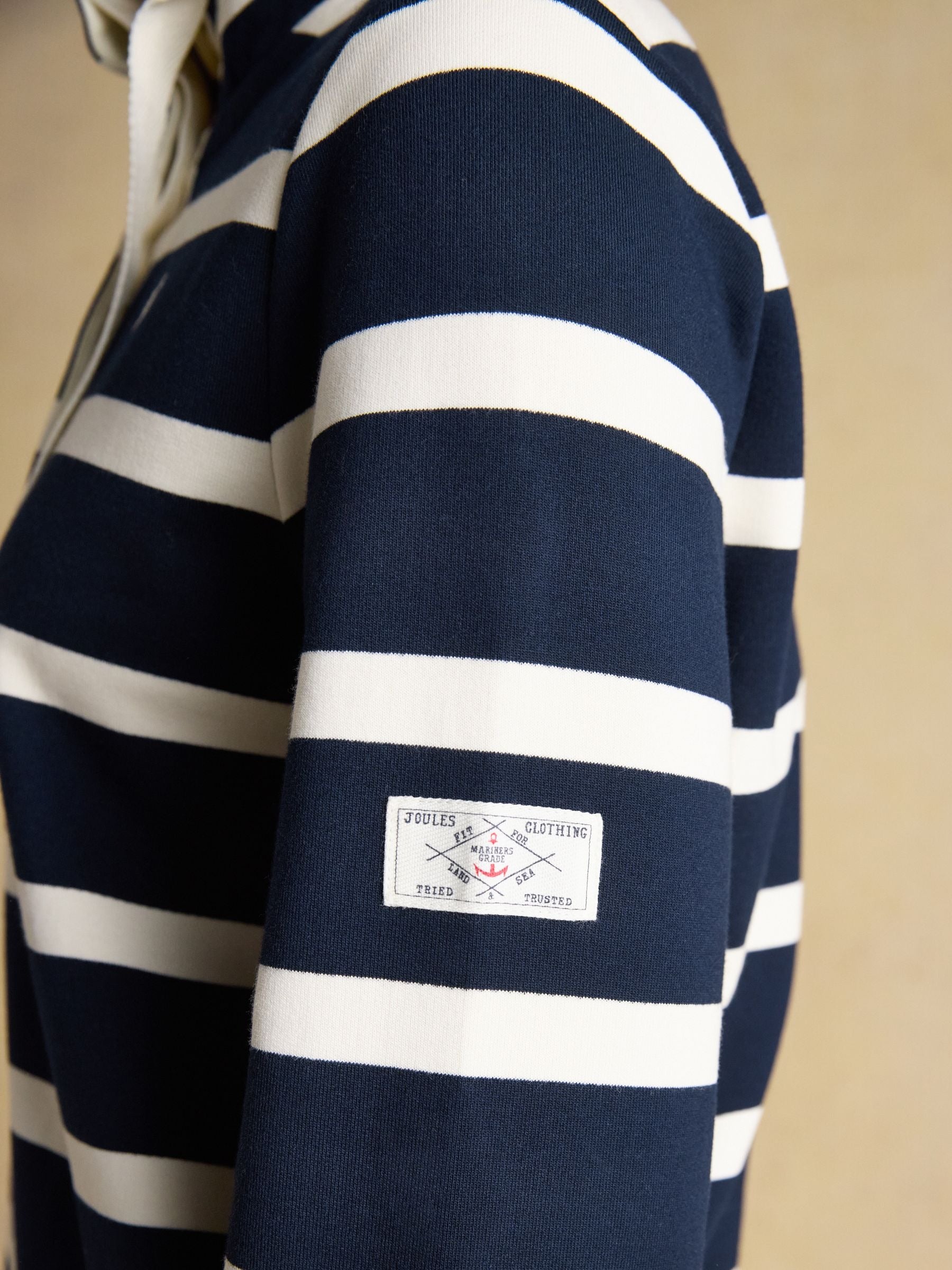 Saunton Navy & Cream Striped Cotton Blend Sweatshirt with Buttoned Funnel Neck