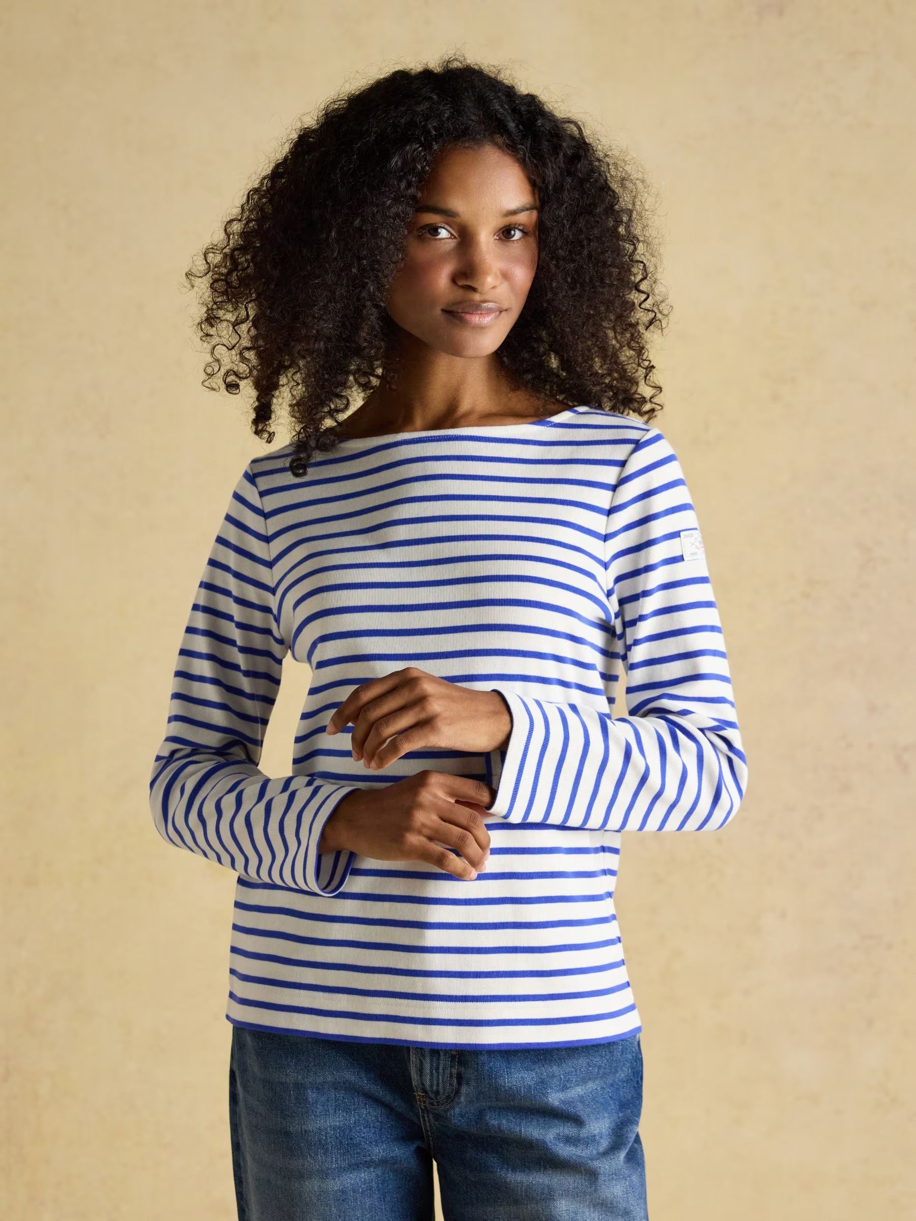 Harbour Cream & Blue Long Sleeve Striped Boat Neck Long Sleeve Breton Top