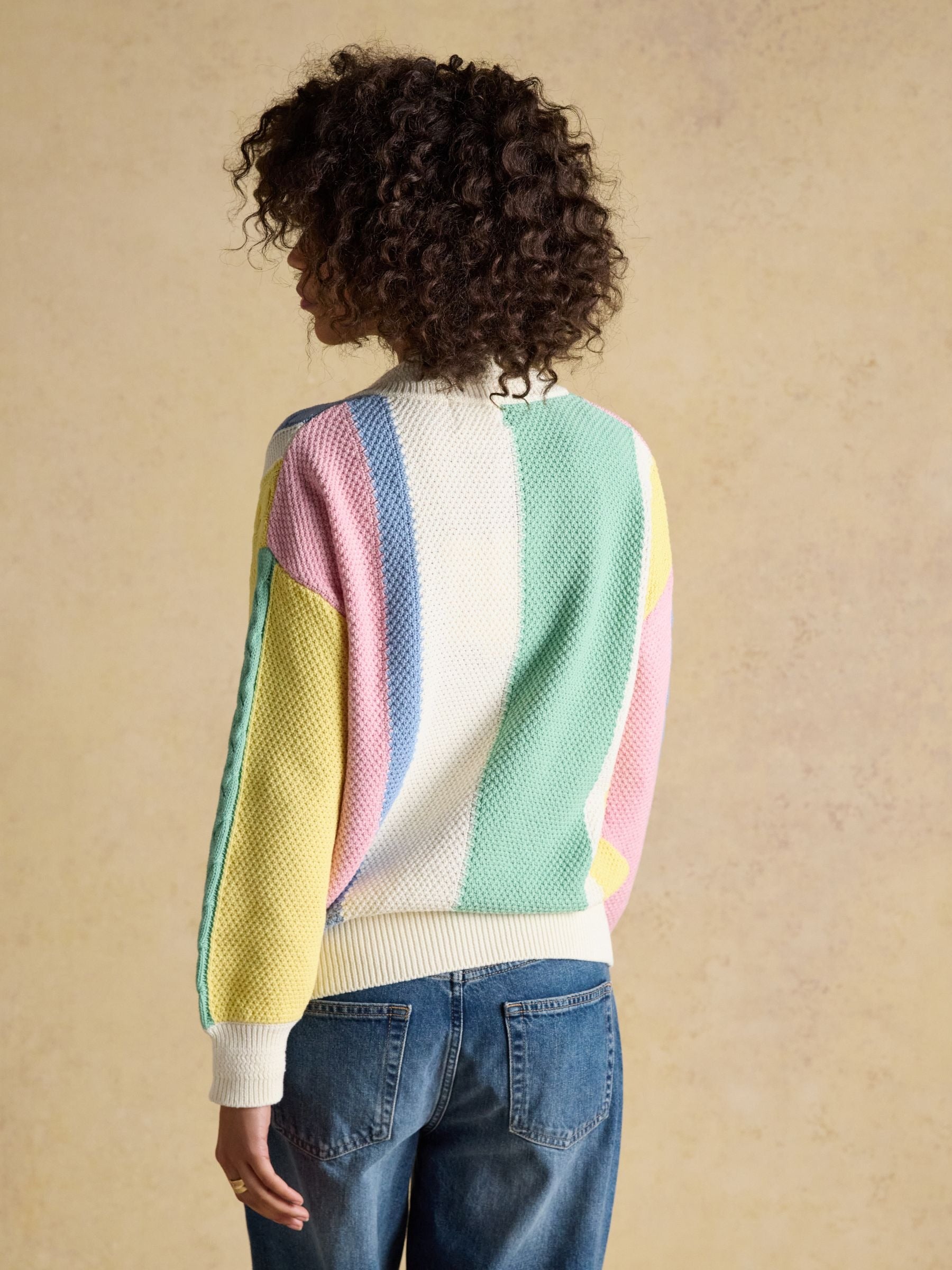 Multi Stripe Cable Knit Cricket Cotton Jumper