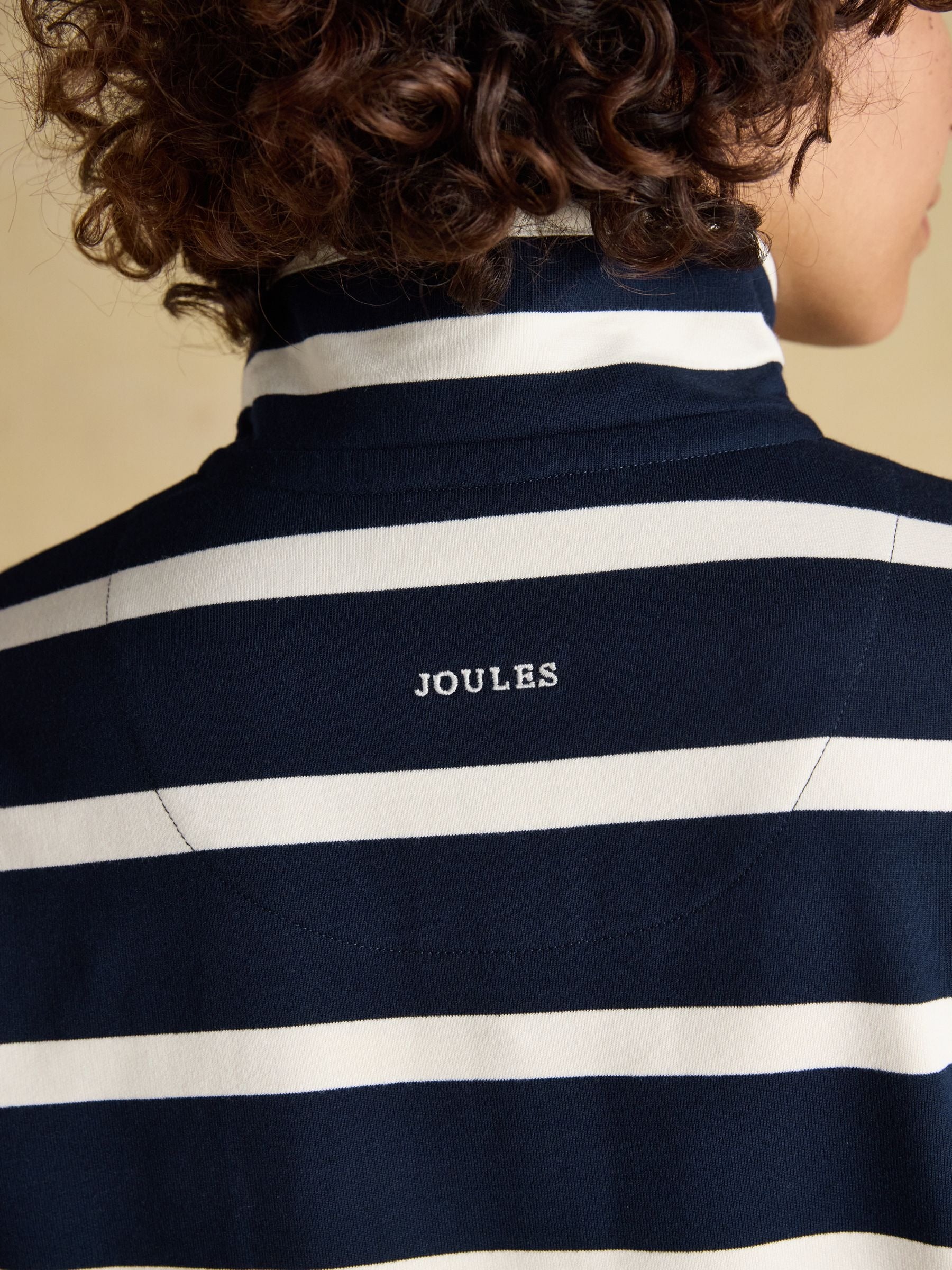Saunton Navy & Cream Striped Cotton Blend Sweatshirt with Buttoned Funnel Neck