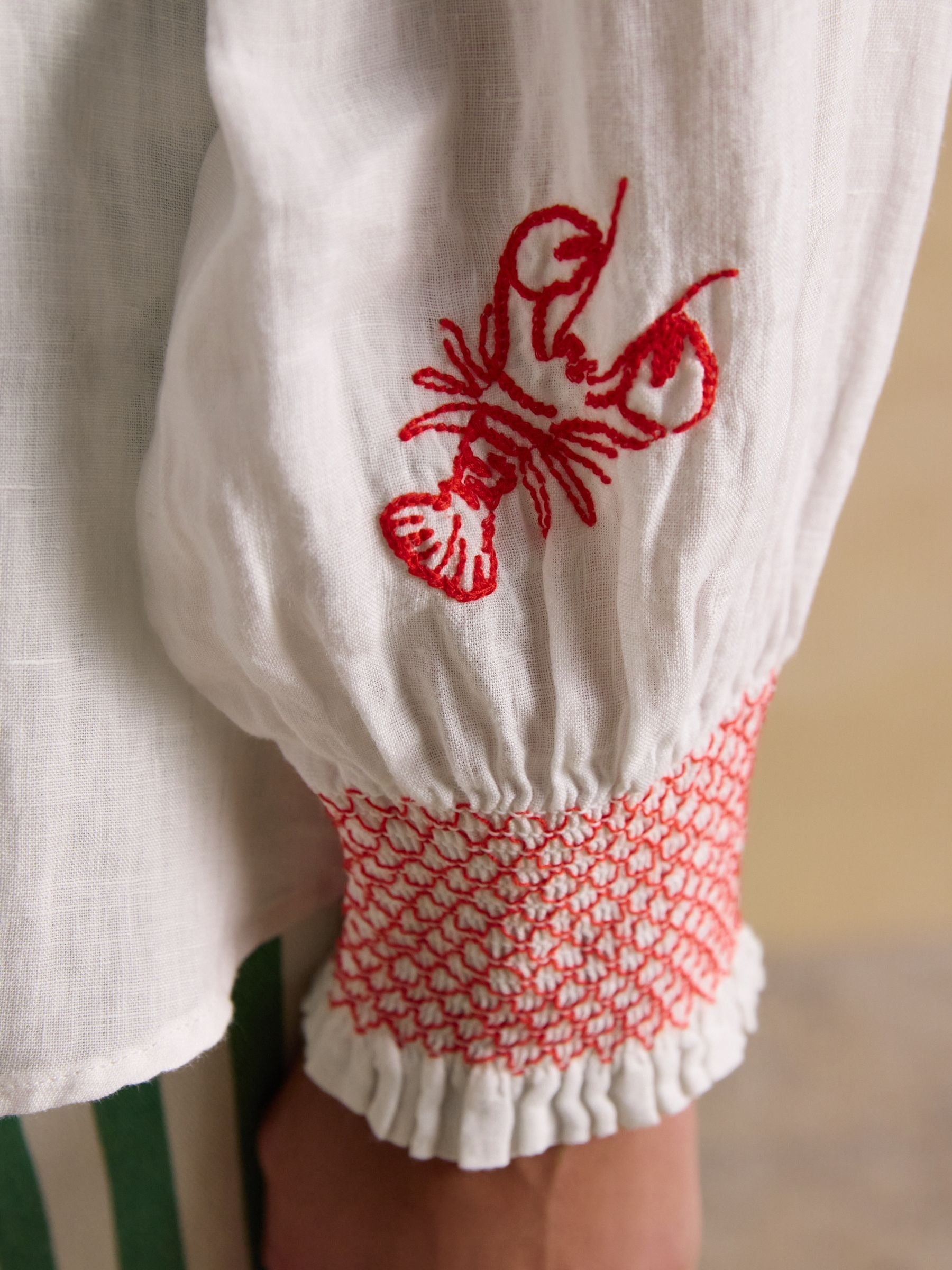 Orla White Embroidered Icons Pure Linen Long Sleeve Shirt