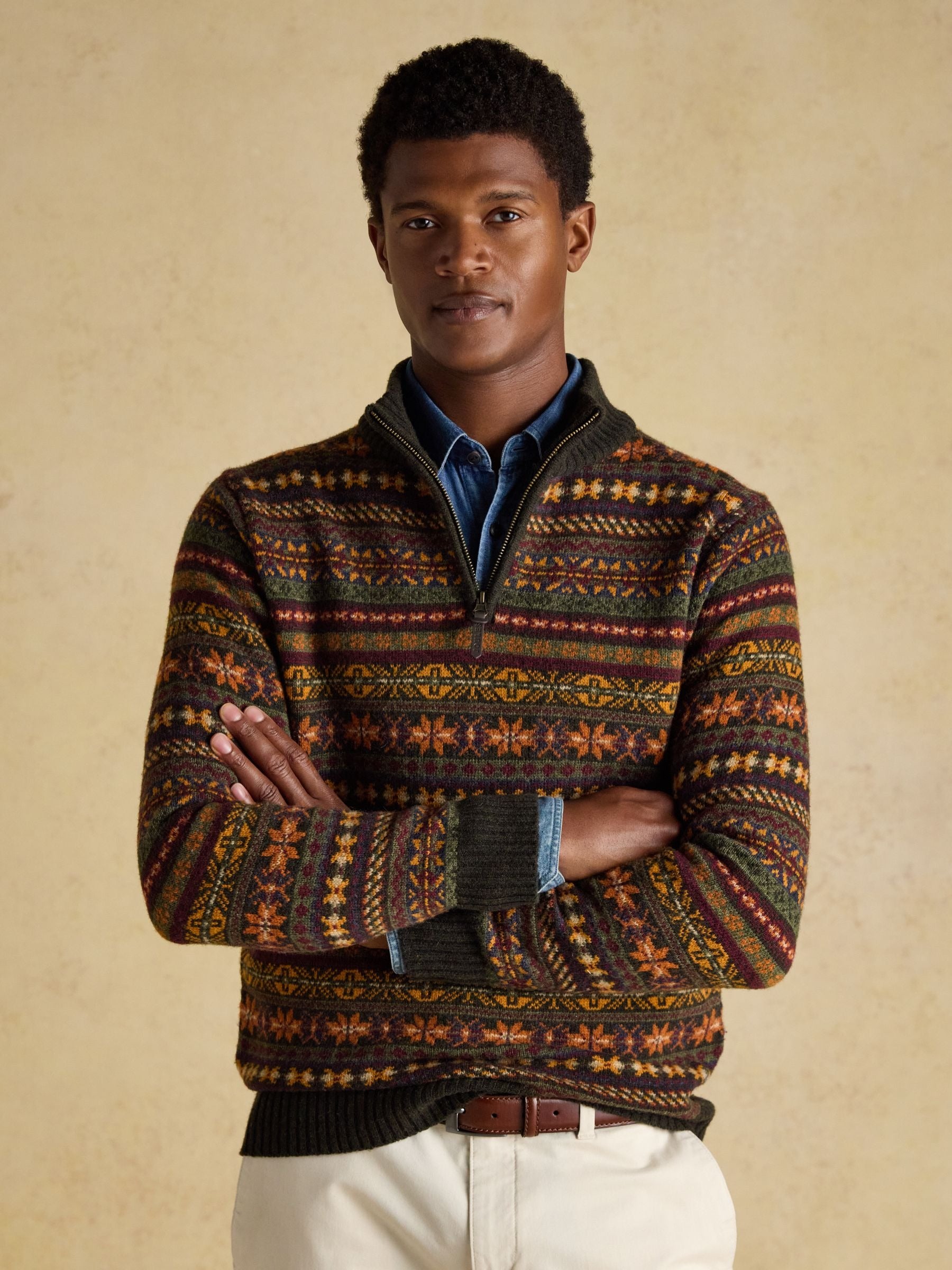 Milligan Wool-Rich Green Quarter Zip Fair Isle Jumper