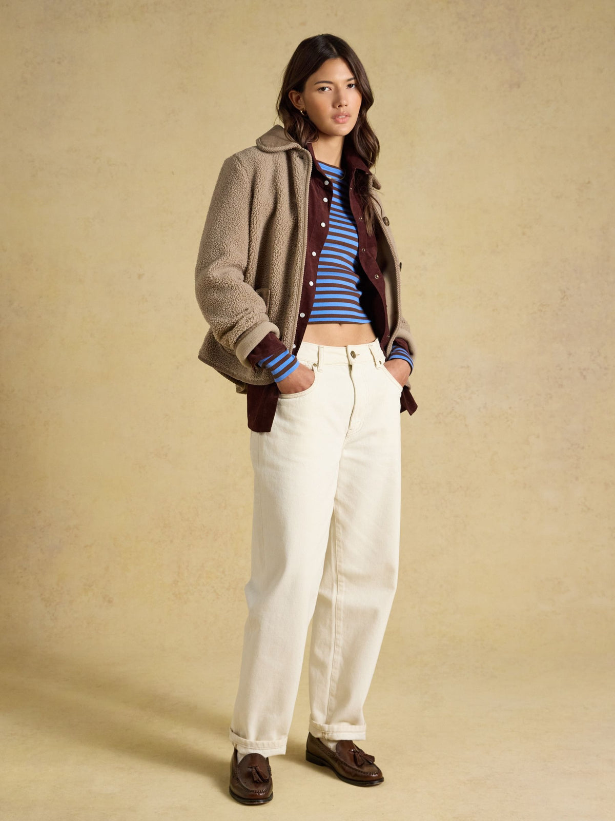 Sophie Blue & Brown Striped Long Sleeve Ribbed Fitted T-Shirt