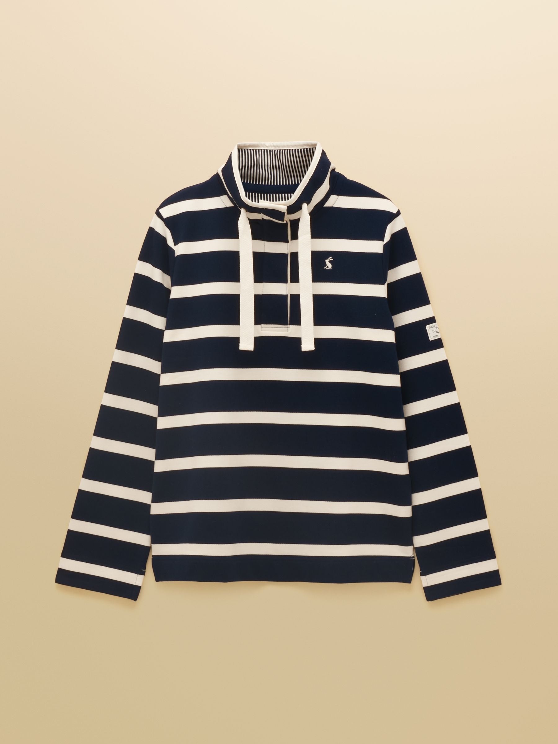 Saunton Navy & Cream Striped Cotton Blend Sweatshirt with Buttoned Funnel Neck