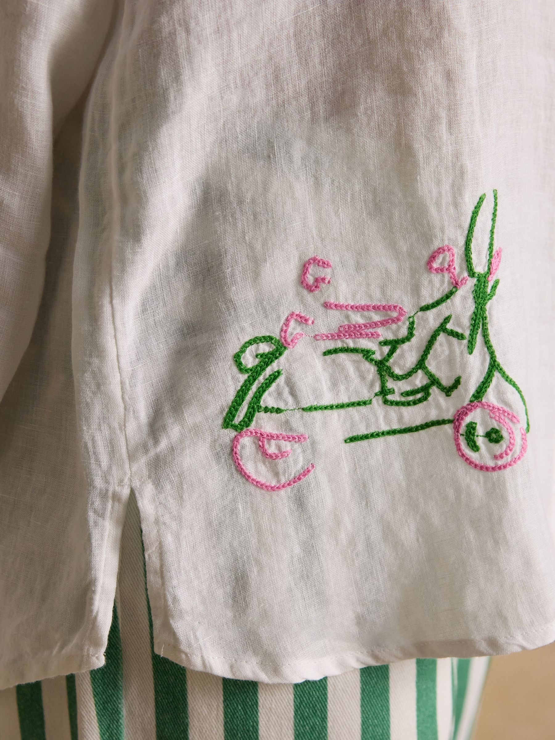 Orla White Embroidered Icons Pure Linen Long Sleeve Shirt