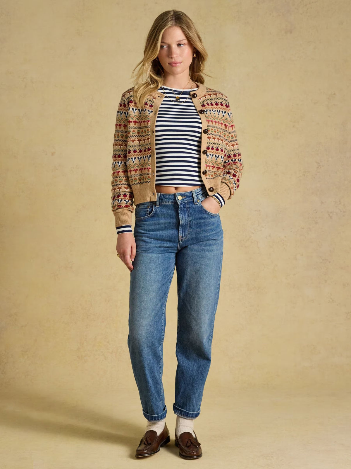 Woodland Pattern Oatmeal Cotton Blend Knitted Cardigan