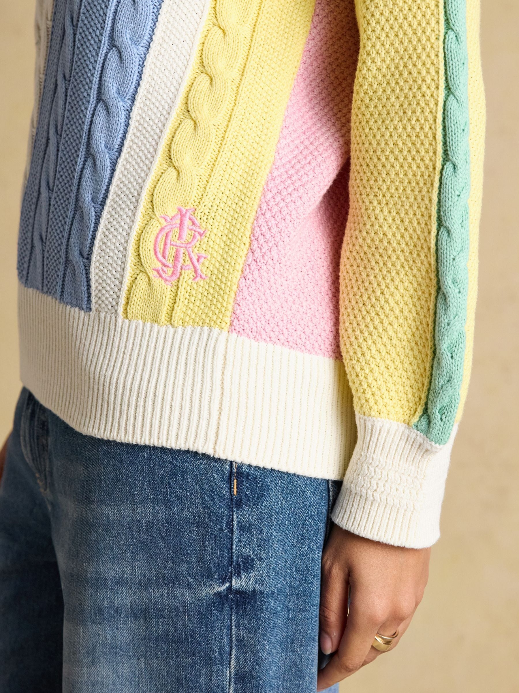 Multi Stripe Cable Knit Cricket Cotton Jumper