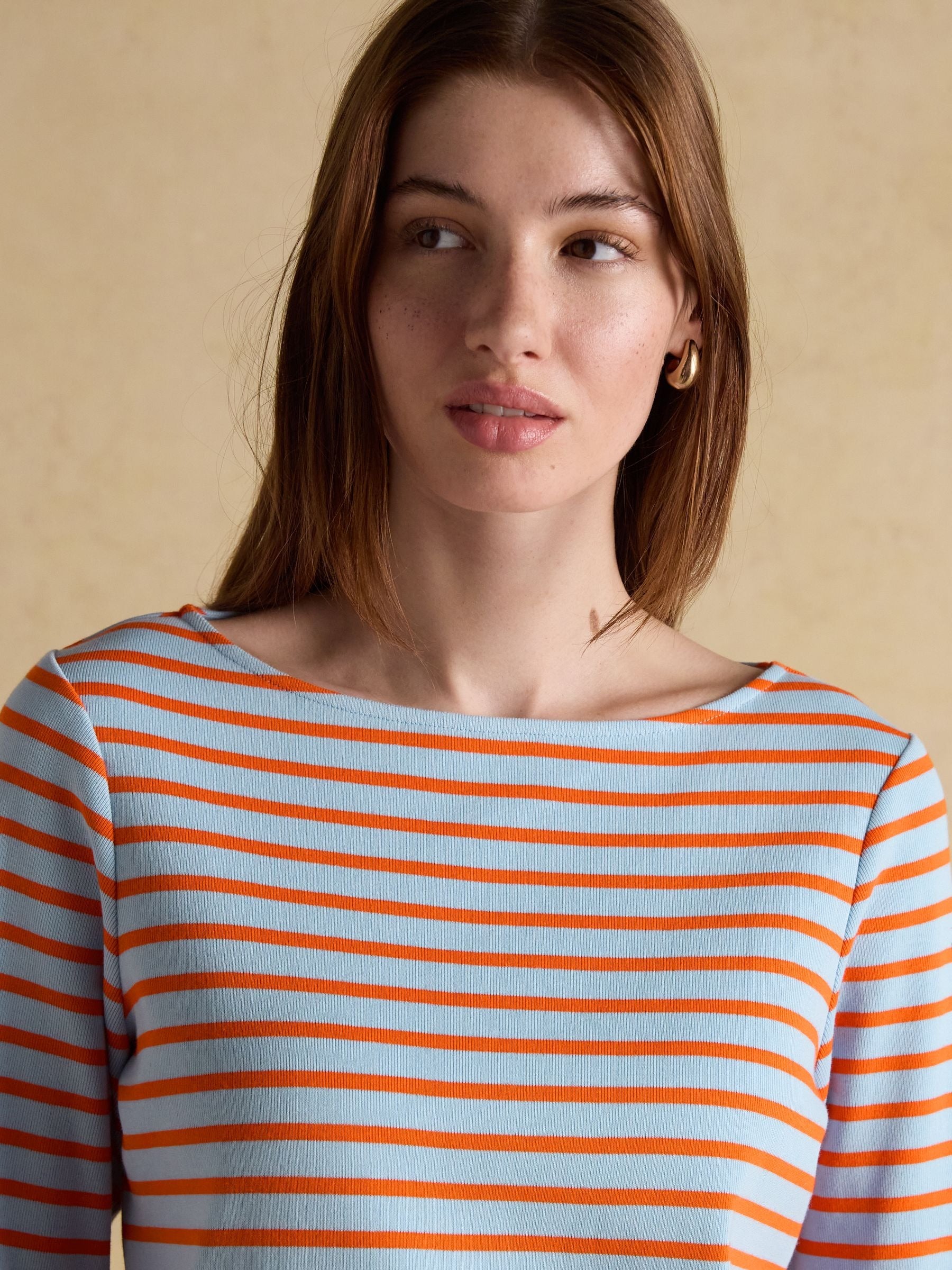 Harbour Blue & Orange Long Sleeve Striped Boat Neck Long Sleeve Breton Top