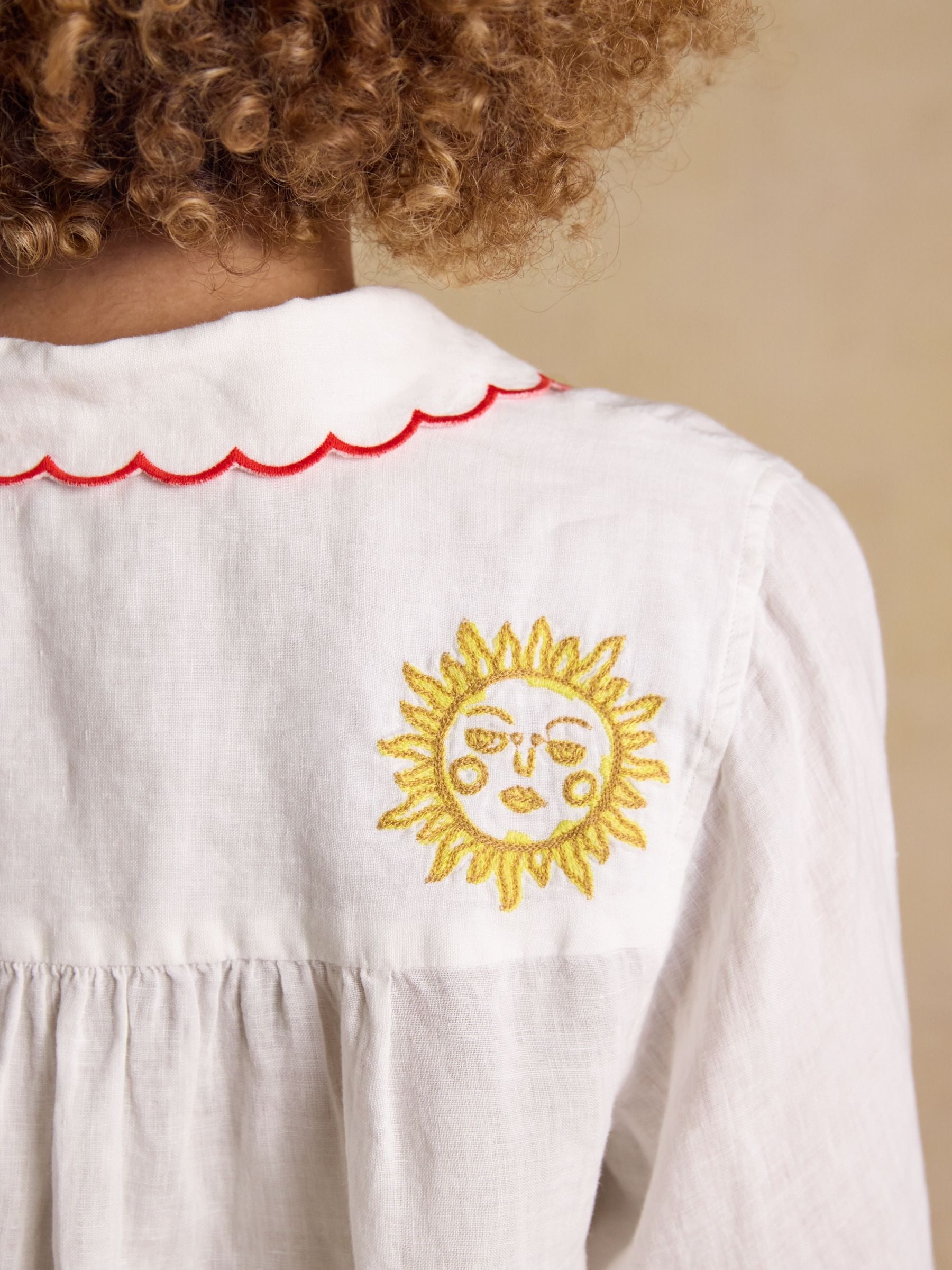 Orla White Embroidered Icons Pure Linen Long Sleeve Shirt