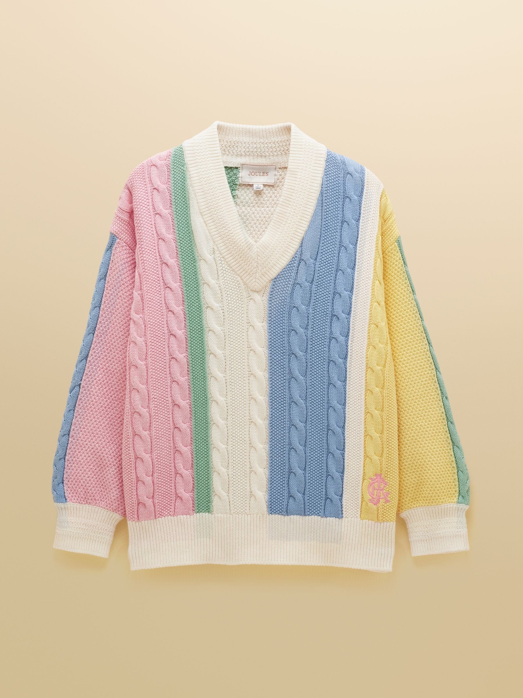 Multi Stripe Cable Knit Cricket Cotton Jumper