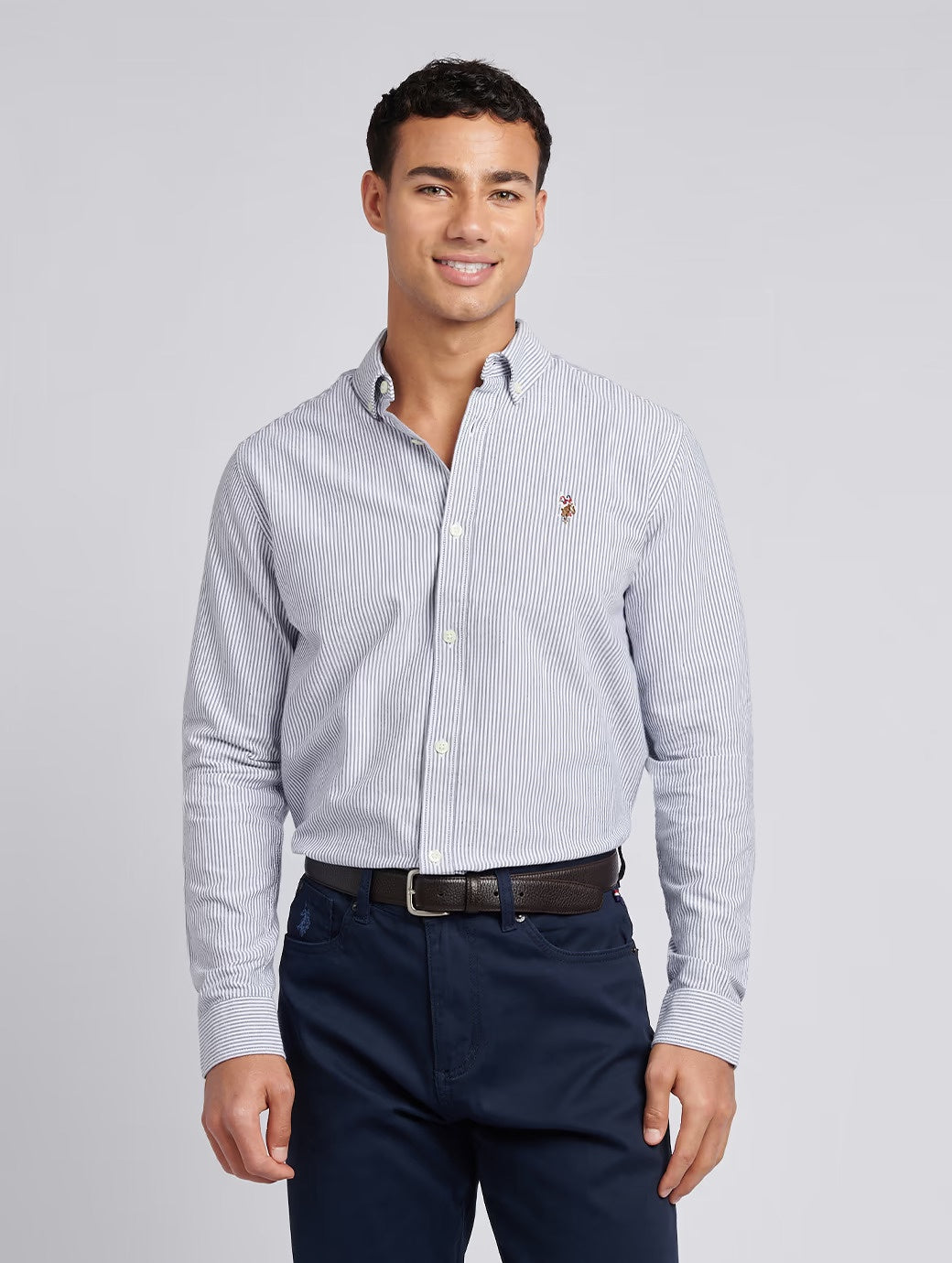 US Polo Assn Men's Oxford Stripe Long Sleeve Shirt Dark Sapphire Navy