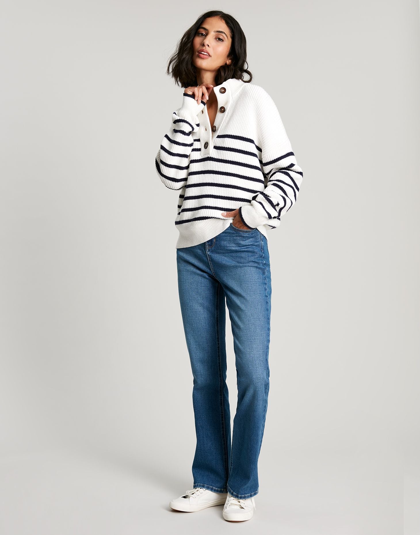 Joules - Women's Cove Button Through Chunky Jumper - NAVY CREAM STRIPE
