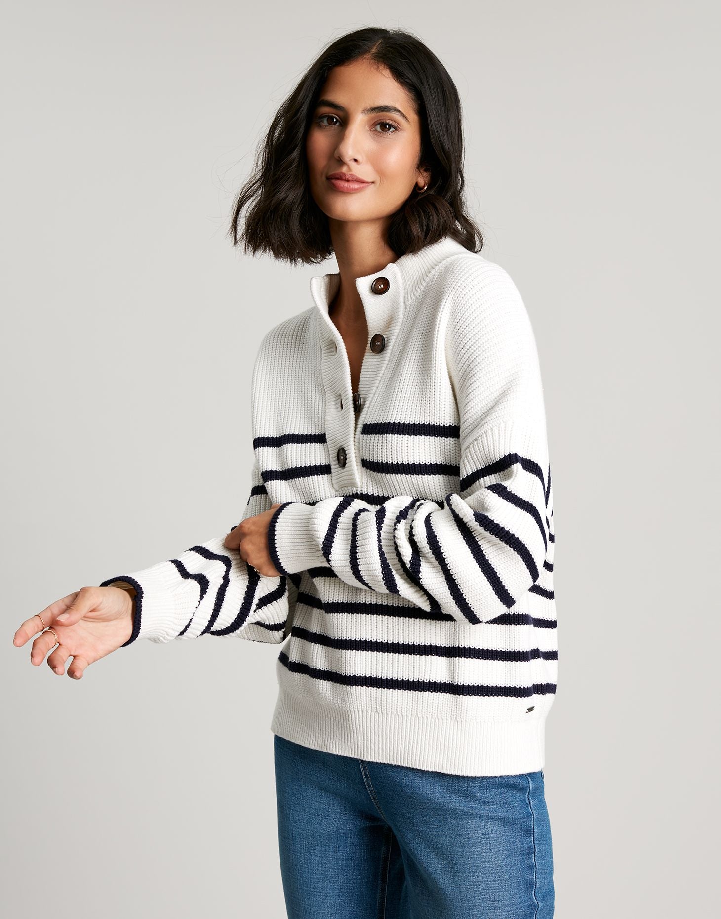 Joules - Women's Cove Button Through Chunky Jumper - NAVY CREAM STRIPE