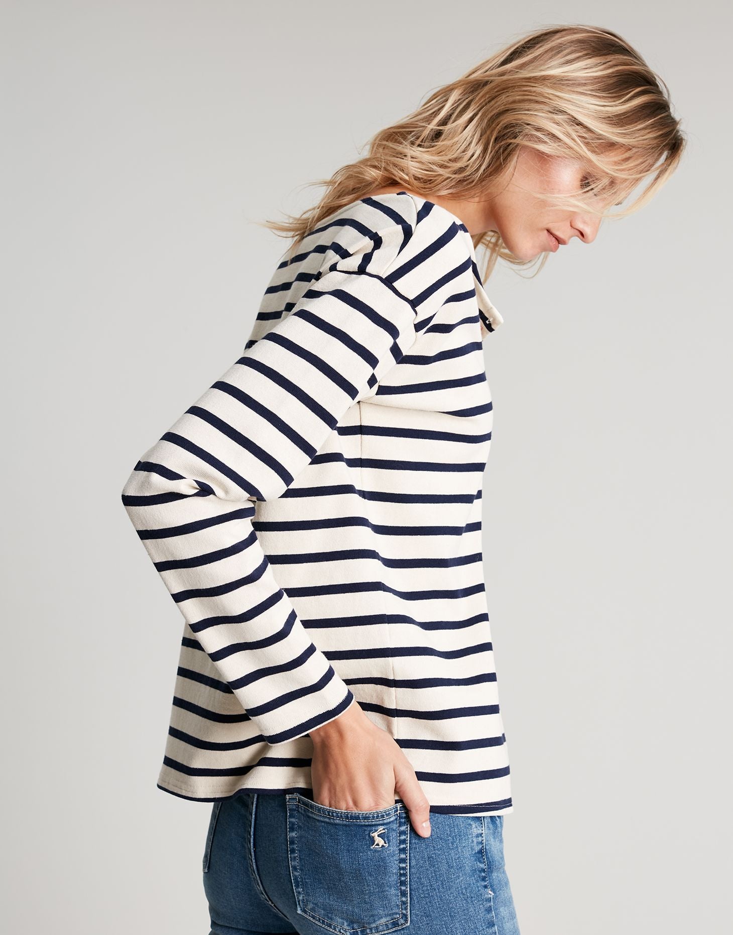 Joules - Olive Long Sleeve Henley Top - CREAM NAVY STRIPE