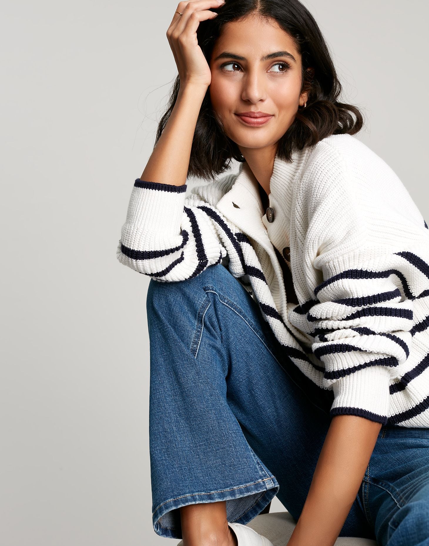 Joules - Women's Cove Button Through Chunky Jumper - NAVY CREAM STRIPE