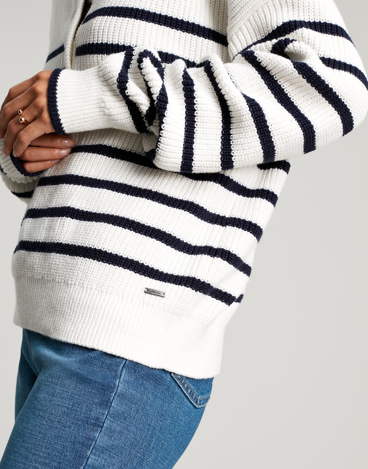 Joules - Women's Cove Button Through Chunky Jumper - NAVY CREAM STRIPE